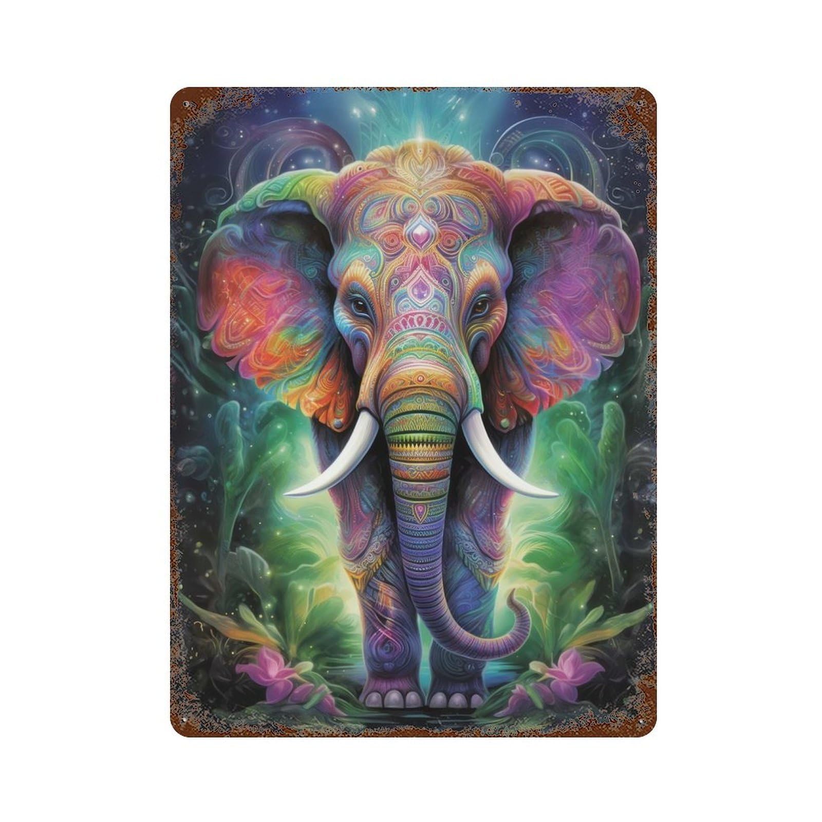 Colorful Elephant 15.7"x11.8" Distressed Metal Wall Sign, Shabby Chic Decor for Shed, Workshop And Garage Wall Decor
