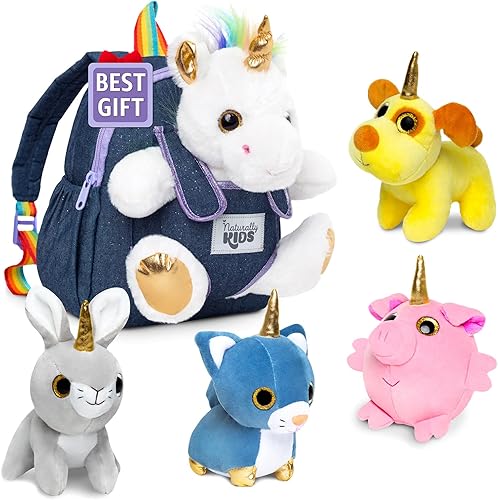 Naturally KIDS Juego de juguetes de peluche de 4 con mochila de unicornio  Regalos de unicornios para niñas  Mochila con juguetes de peluche para