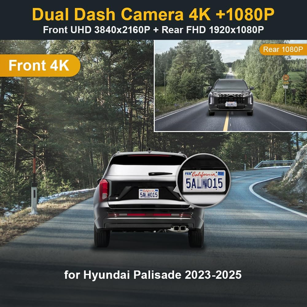Fitcamx 2160P+Rear 1080P Dash Cam Adapts for Hyundai Palisade 2023-2025 (Part No#S8711) with Auto Dimming, OEM Look, Dual HD Video, WiFi & APP, Loop Recording, G-Sensor, Easy to Use, 128GB Card