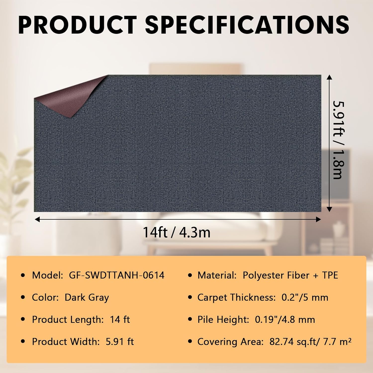 marine carpet,6 ft x 14 ft dark gray indoor outdoor carpet 0.2" thick boat carpet with water-proof tpe backing, non-slide outdoor marine carpet roll for home, patio, porch, deck dark gray 6 ft x 14 ft