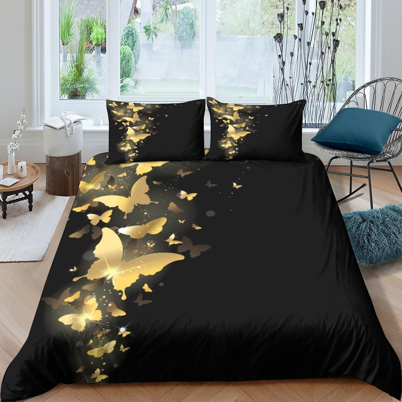 Ctjqhvkz Style-8 3D Printed Golden Butterfly Fitted Sheet Microfiber Soft Black Bedroom Bed Cover For Adult Teen Home Decor Single（135X200cm）