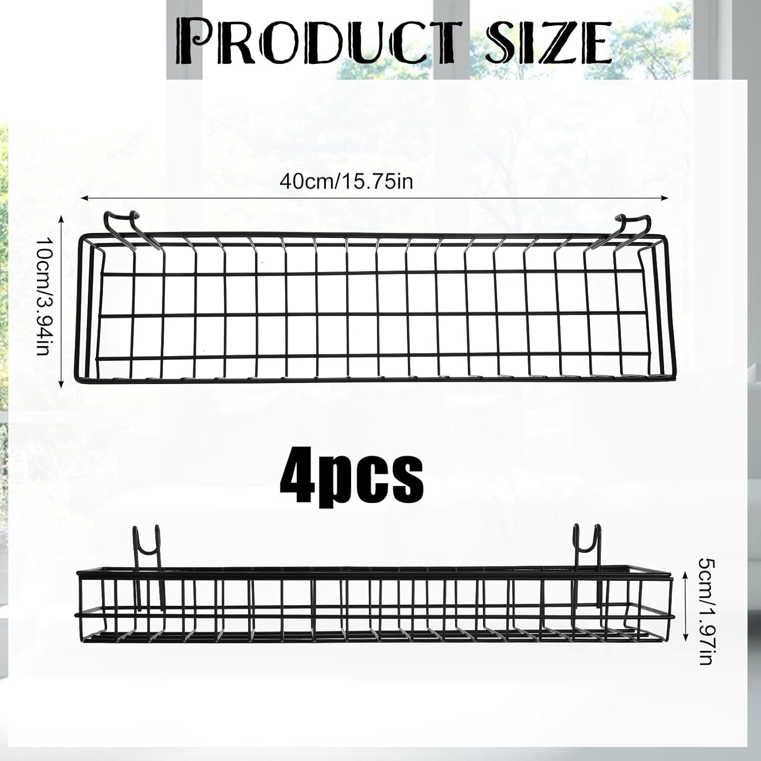 4 Pcs 15.75 x 3.94 x 1.97 Inch Metal Grid Wall Baskets with Hooks Grid Wall Shelves Hanging Wire Basket Multi Function Storage Organizer for Kitchen Organizing Display (Black)