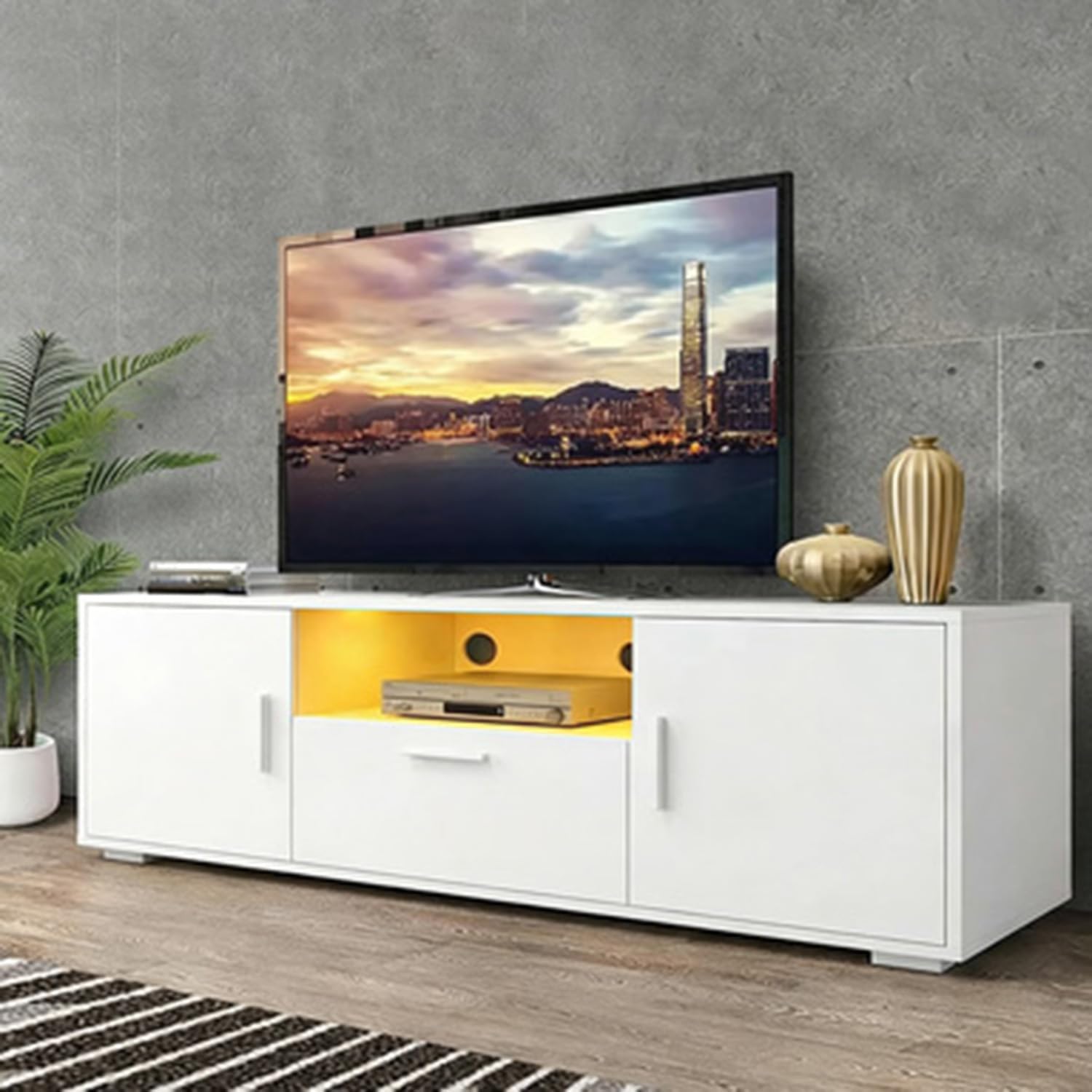 HOUAGI LED TV Stand for Televisions up to 55 Inchs, Black Modern Entertainment Center with Storage Drawer and Glass Shelf, TV Console Table for Living Room,Bedroom, 50in