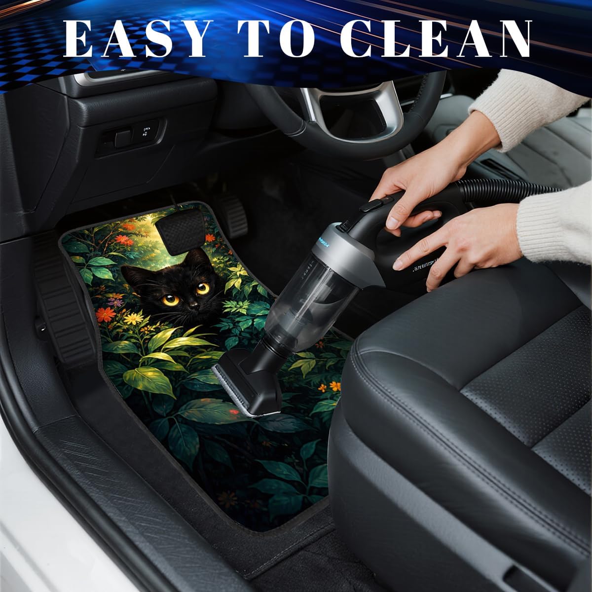 4 Piece Black Cat Car Floor Mats Full Sets Forest Flower Golden Eye Carpet Front Rear Carpets Mat Decorative Car Floor Carpets Non-Slip Auto Car Accessories Universal Fit for Car SUV Truck Van