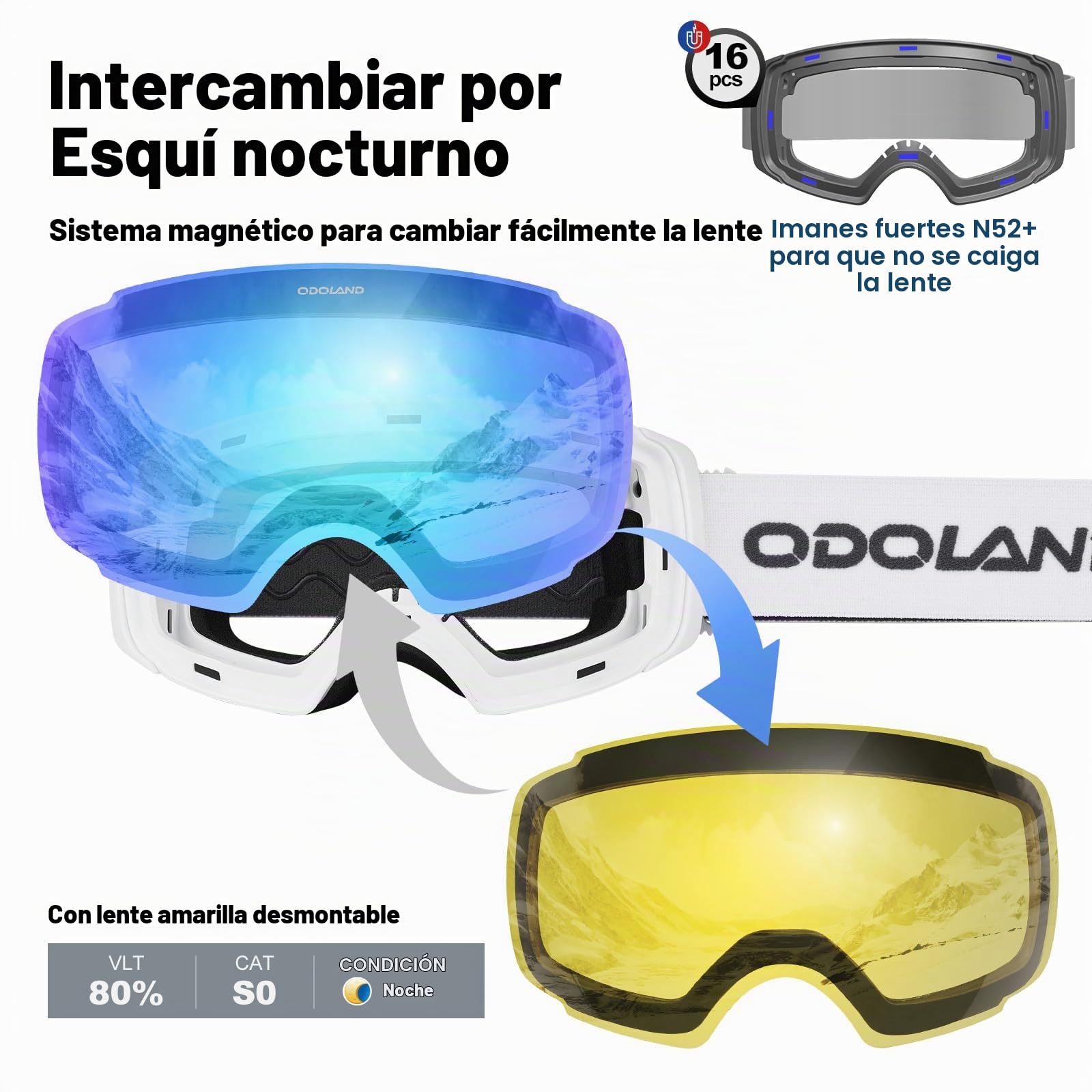 Odoland Gafas de Esquí Esféricas Grandes Sin Marco con Lentes Magnéticas Intercambiables, Máscara de Esquí para Adultos y Jóvenes,PWL
