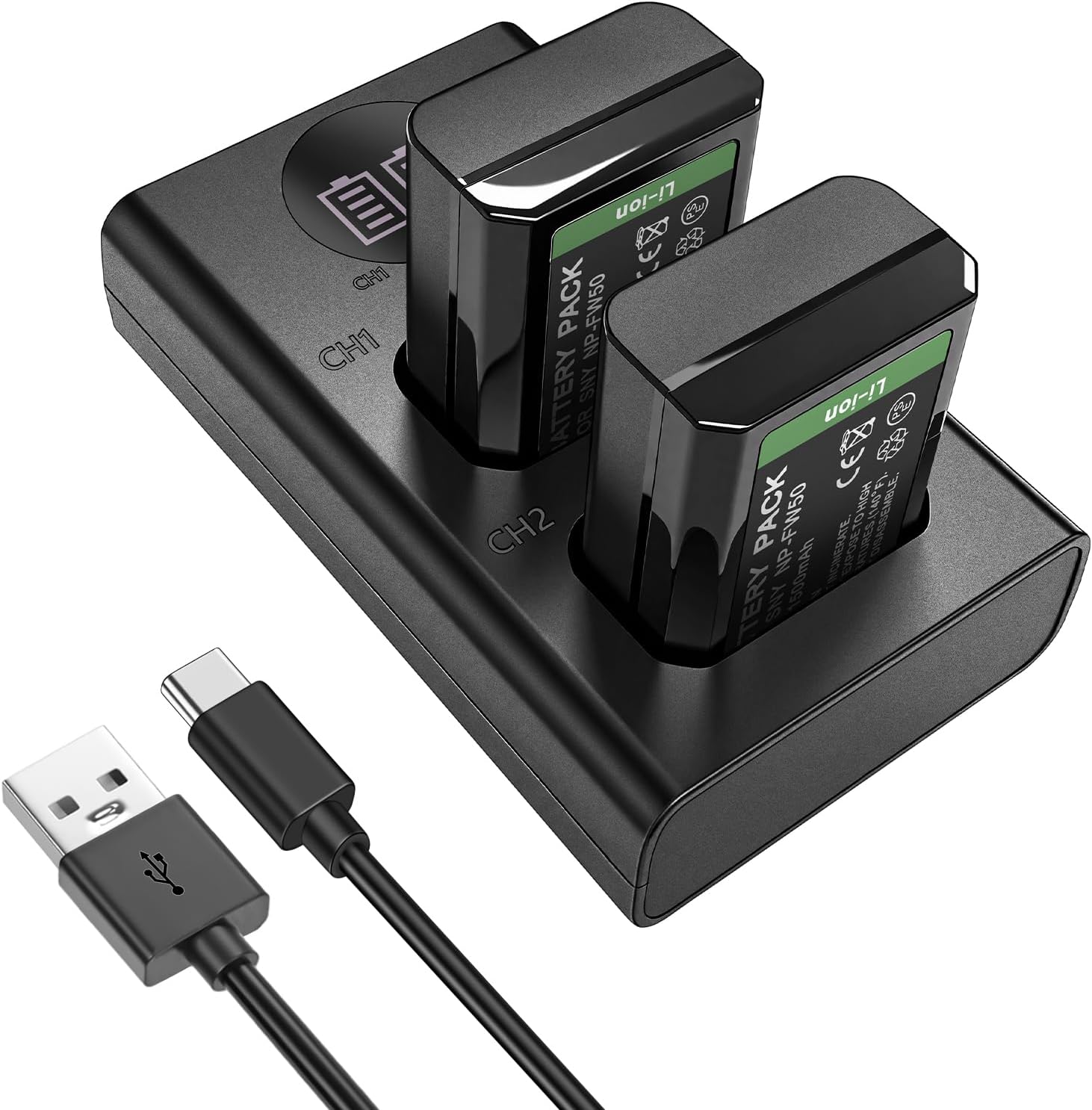2-Pack NP-FW50 1500mAh Rechargeable Battery, with Dual Slot Fast USB Charger, Compatible with Sony Alpha A7 III II A7R A6400 A6000 RX10 IV A3000 NEX-7 NEX-6 NEX-5N/5R/5/F3/3N/C3/3 DSC-RX10 A55 Camera