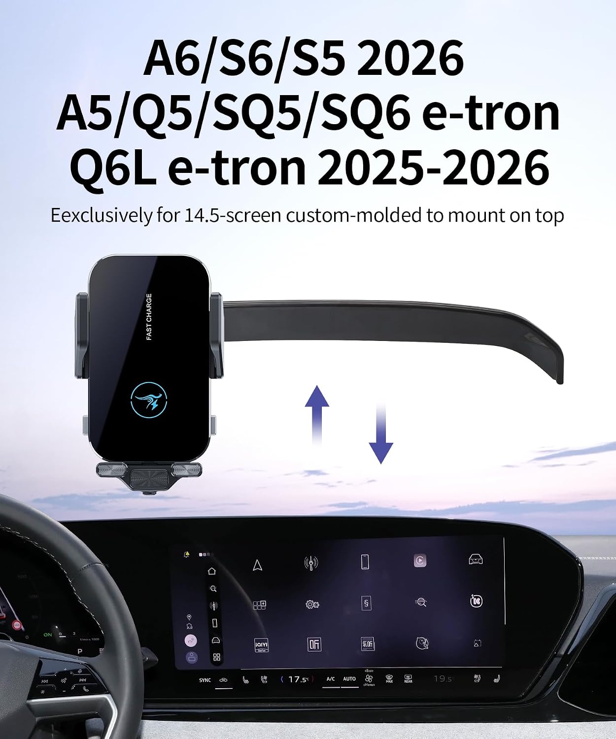 15W Wireless Fast Charger for Audi A6/A6 Allroad/S6/S5 2026 / Q5/SQ5/A5/SQ6 E-tron/Q6L e-tron 2025-2026 Accessories 14.5 inch Screen Fixed Clip, Interior Decoration Mobile Phone Mount