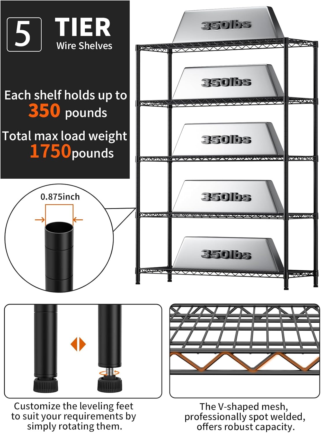 5 Tier Adjustable Storage Shelves Heavy Duty Metal Utility Shelf 1750LBS Capacity Wire Shelving Unit Organizer Rack for Home Kitchen Garage Pantry Room 18" D x 46" W x 77" H Black - Image 5