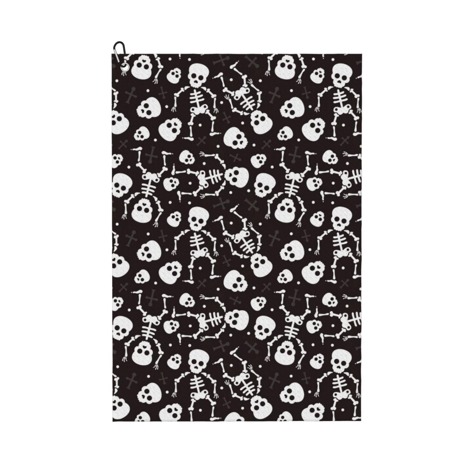 AOOEDM Skeleton Print Golf Towel with Carabiner Clip Absorbent Microfiber Golf Towel for Cleaning Golf Ball Club Putter Iron for Golf Bag Trolly Belt Loop 16" X 24"
