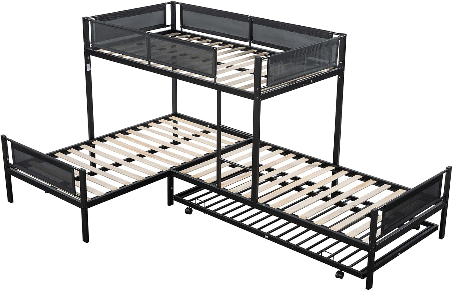 KIVENJAJA L-Shape Triple Bunk Bed with Trundle, Metal Quad Bunk Beds Twin Over Twin for 4 Kids, Heavy Duty 4 Small Bunkbeds for Teens Girls Boys Adults, Black
