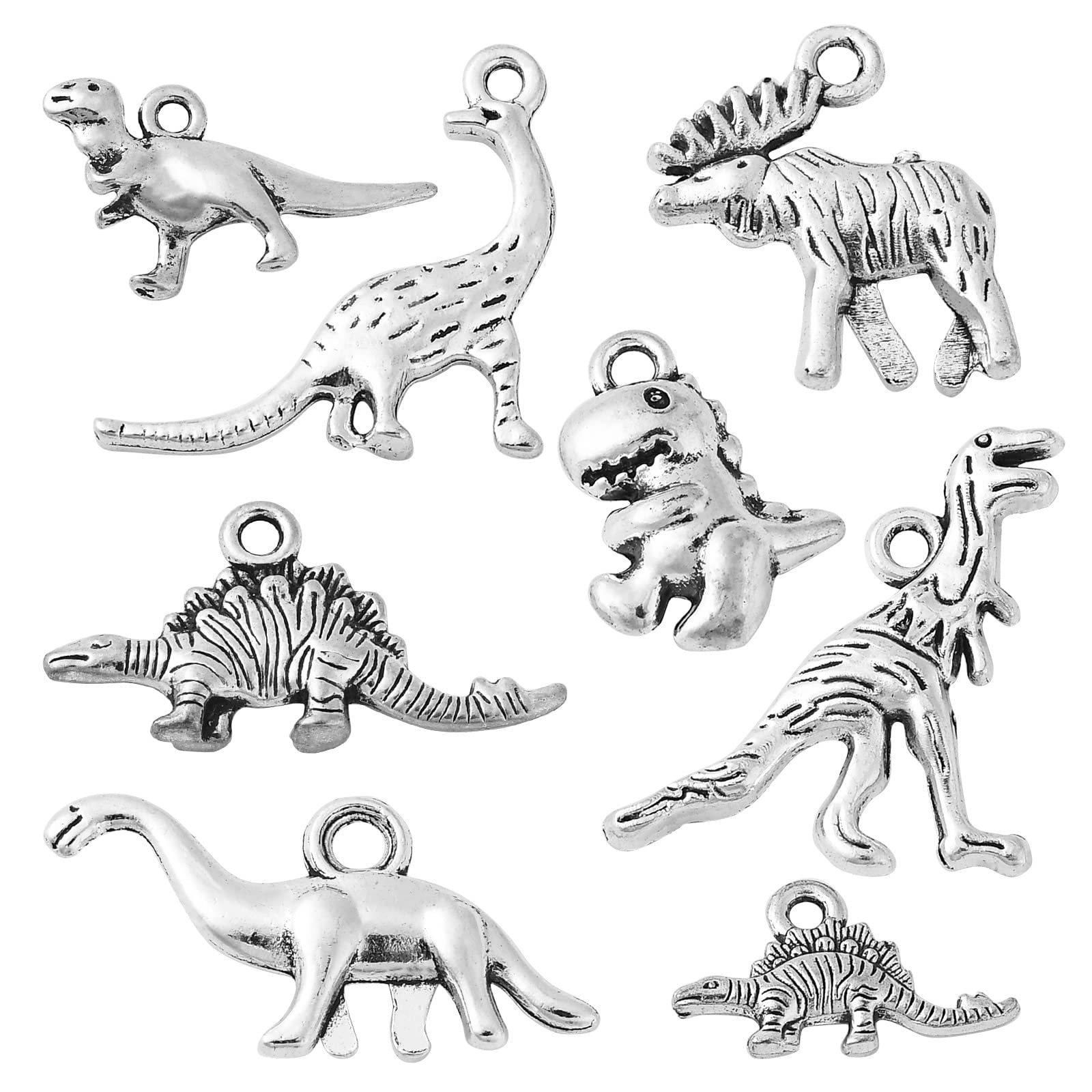 UR URLIFEHALL 80 Pcs 8 Styles Antique Silver Dinosaur Charm Vintage Animal Charms for DIY Craft Necklace Bracelet Keychain Jewellery Making