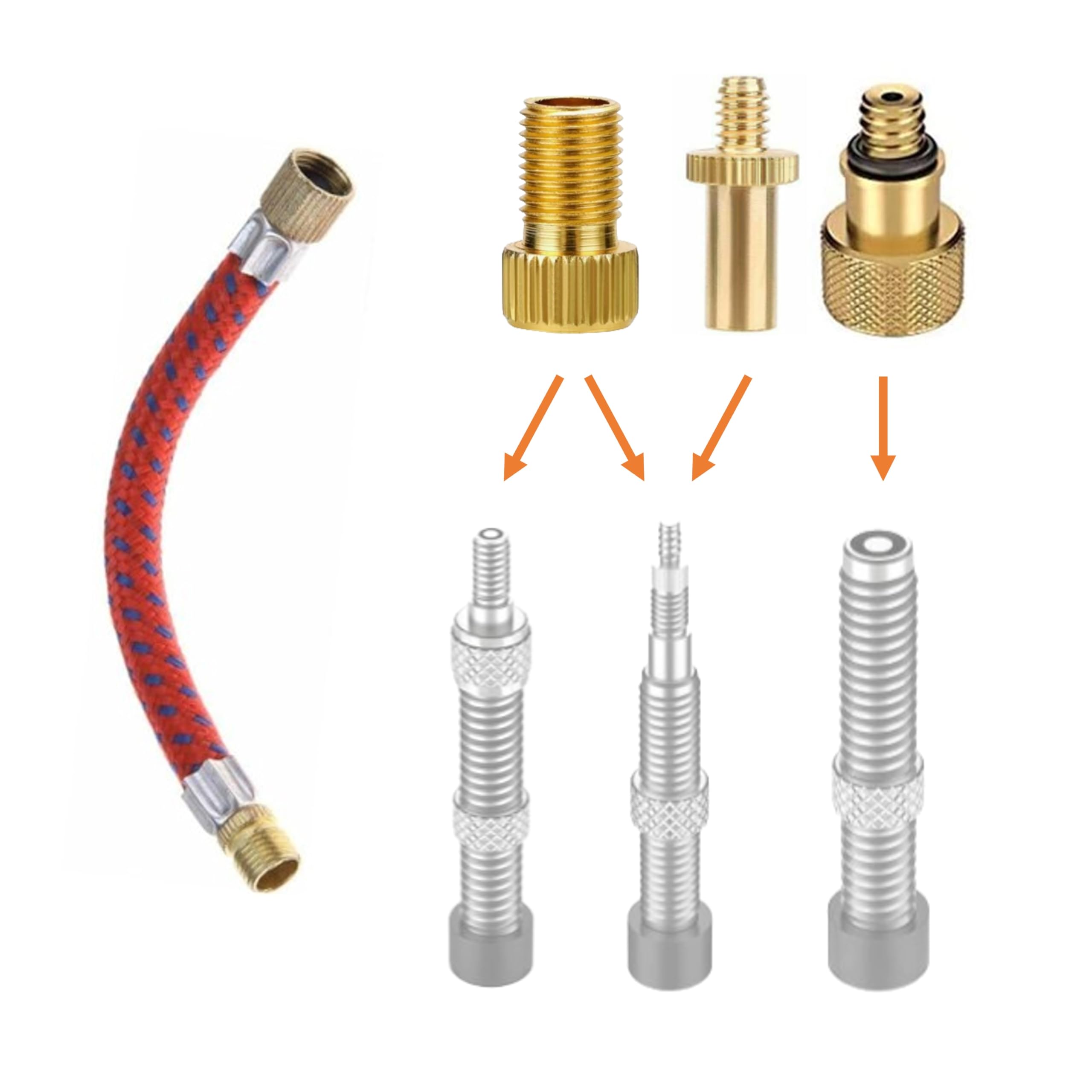 Manovella Fan Adapter Set 4-piece – Bicycle & Car – For AV, DV, SV (Presta) – With extension – Universal tire adapter for air pump, compressor & gas station – Portable & airtight