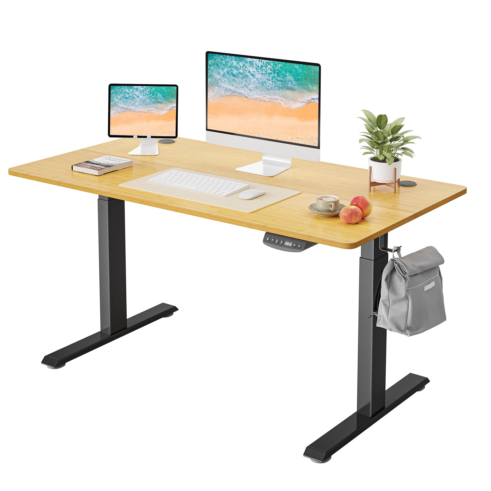 fezibo height adjustable electric standing desk, 48 x 24 inches stand up table, sit stand home office desk with splice board, black frame/natural top