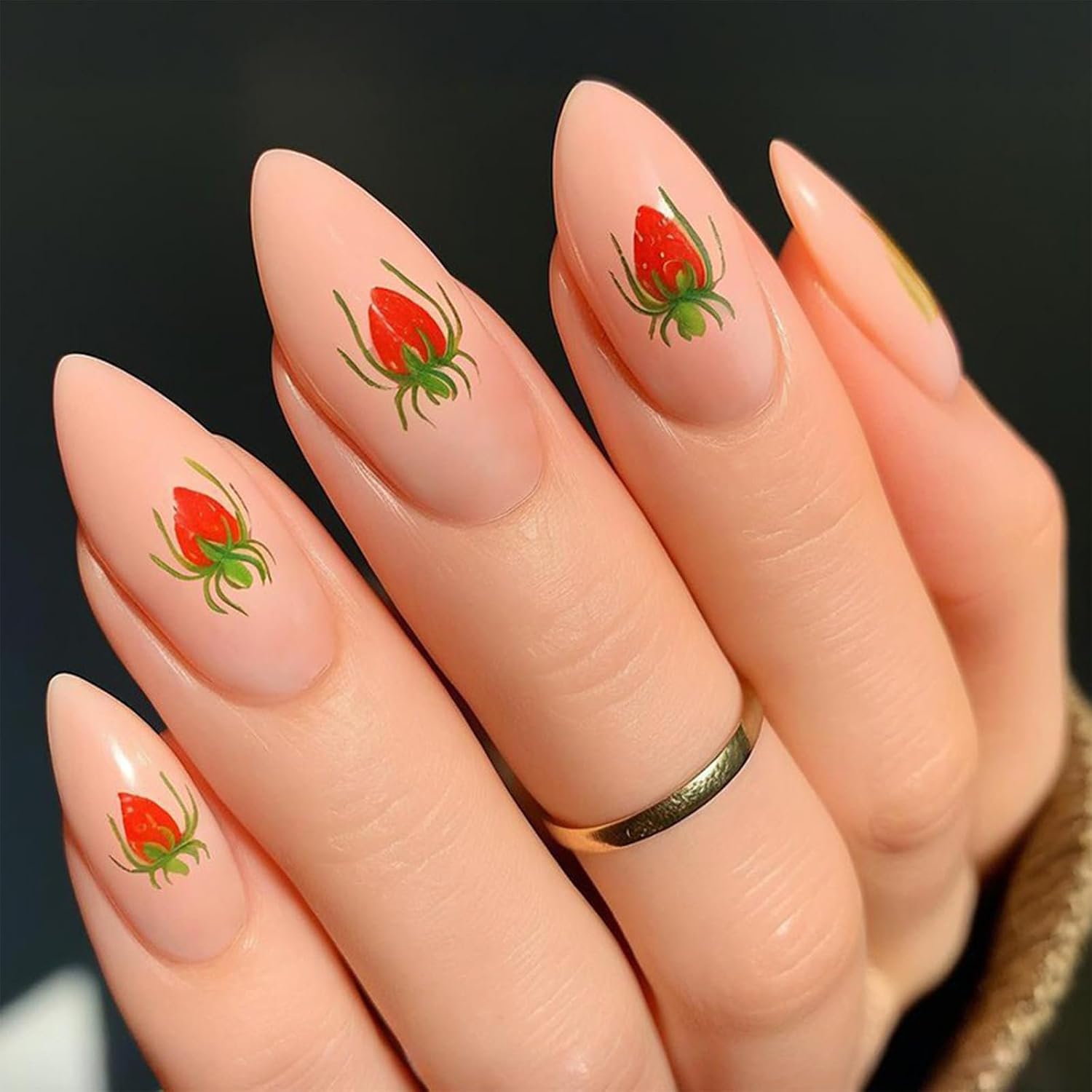 Medium Almond Press on Nails - Strawberry Spider Design