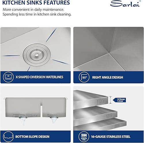 Vista 91 de Sarlai Fregadero doble de 33 piezas para empotrar - Fregadero de cocina de 33 x 19 pulgadas, acero inoxidable de calibre 16, esquina redonda, doble