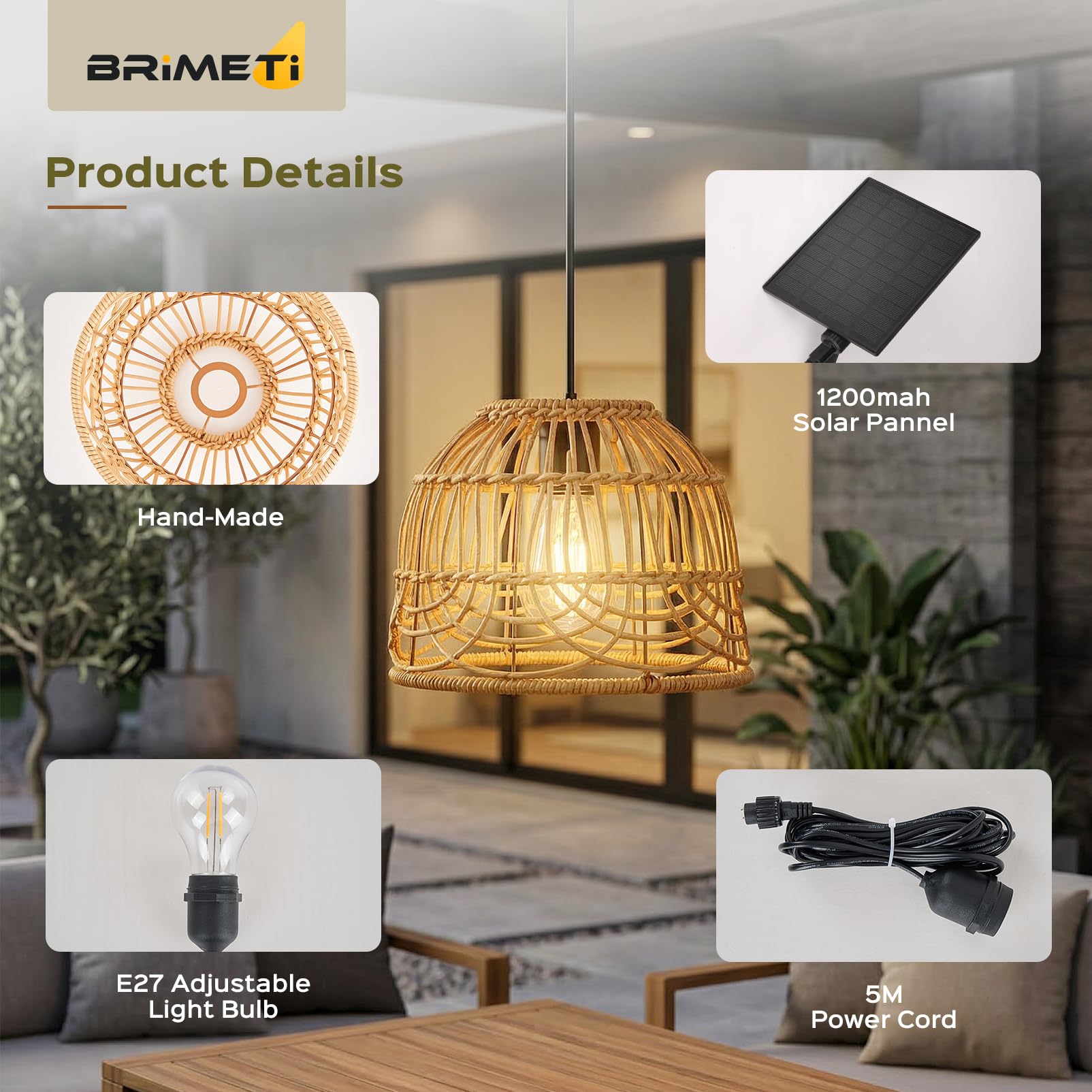 Solarlampen für Außen Garten Solar Hängelampe Outdoor Rattan Hängeleuchte Hängend mit Fernbedienung Dimmbare IP65 Wasserdichte Solarlampen Pendelleuchte,für Balkon Pavillon(mit 5M Kabel)