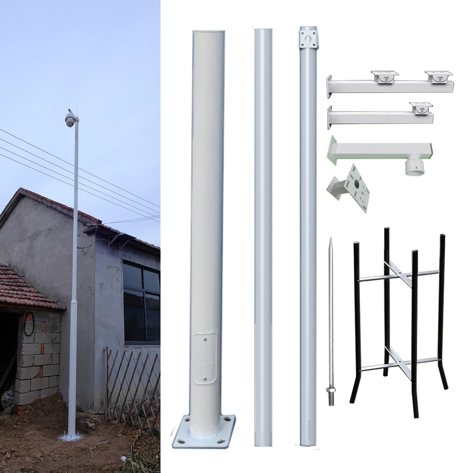 MRVAKDYDI Weatherproof Steel Surveillance Post, Universal Galvanized Steel Surveillance Camera Pole White 2.5-6m with Lightning Rod(Tall 18ft/5.5m)