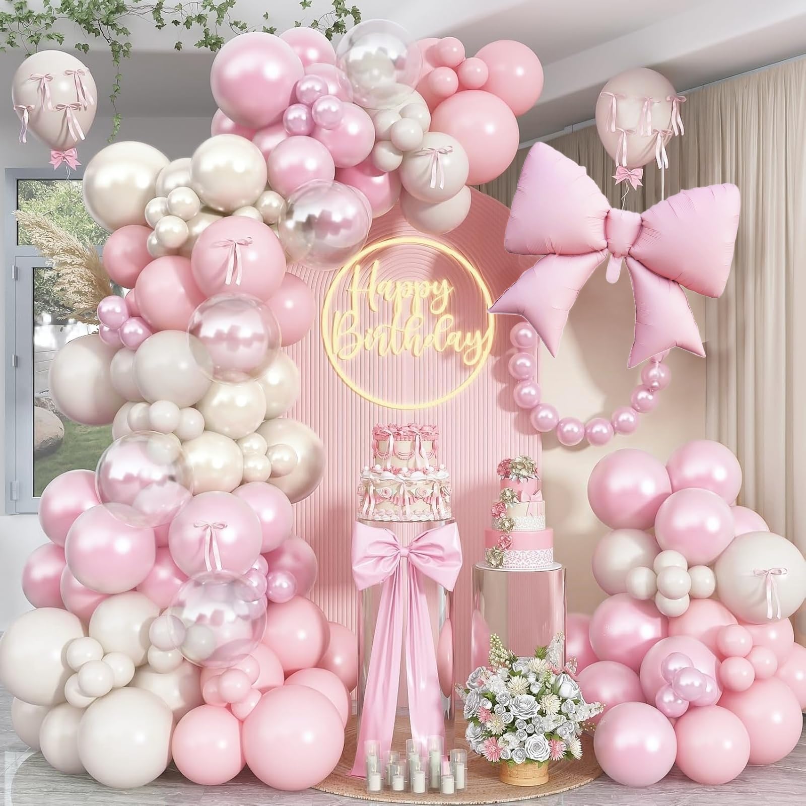 Zestaw girlandy z podwójną perłą w kolorze białym i różowym balonowym, perłowa biała beżowa z różową kokardką, balony foliowe dla dziewcząt i kobiet, ślub, baby shower, wieczór panieński,