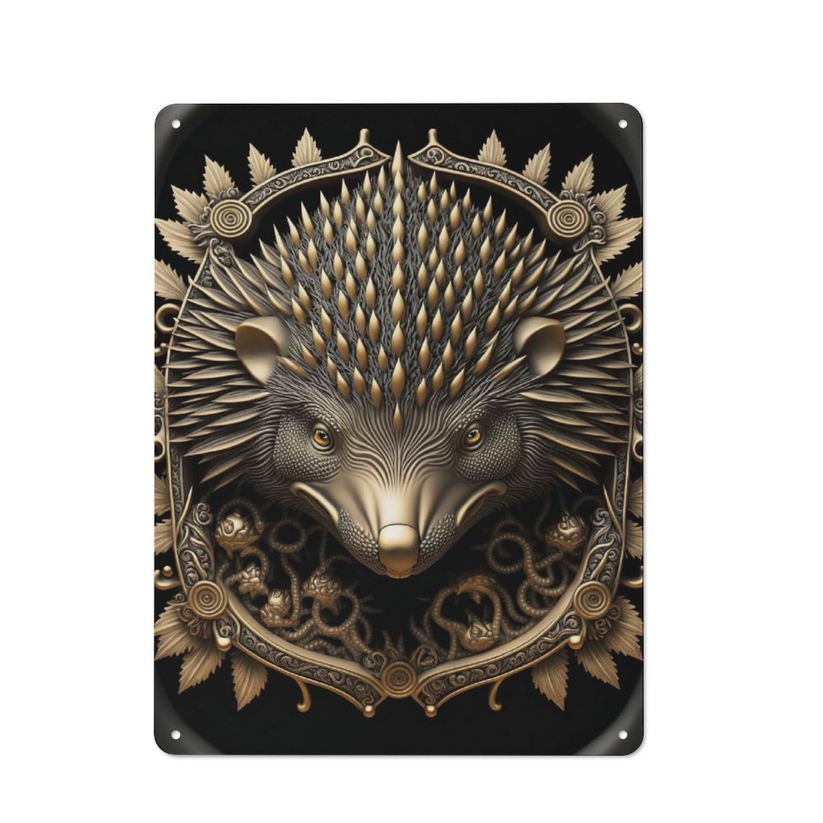 Junmoney Style-2 Hedgehog Golden Art Deco Retro Tin Sign 40X30cm For Café Or Restaurant, Housewarming Wall Decor For People Furnishing Café And Restaurant