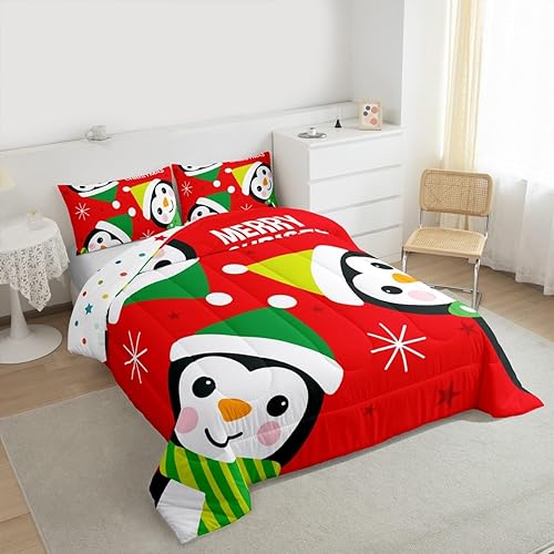 Miniatura 6 de Juego de edredón de Feliz Navidad para niños, tamaño King, juego de ropa de cama de pingüinos de dibujos animados, animales árticos, decoración de