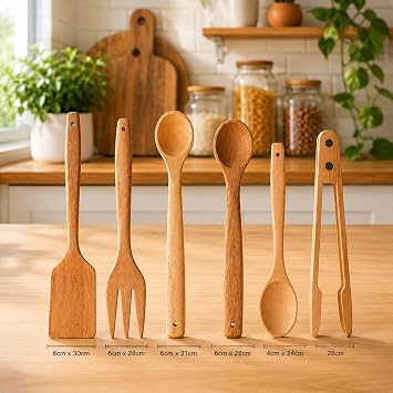 Doğal Şimşir Ağacından Ahşap Mutfak Seti, Spatula, Çatal, Kaşık ve Maşa, 6 Parça, Doğal Renk