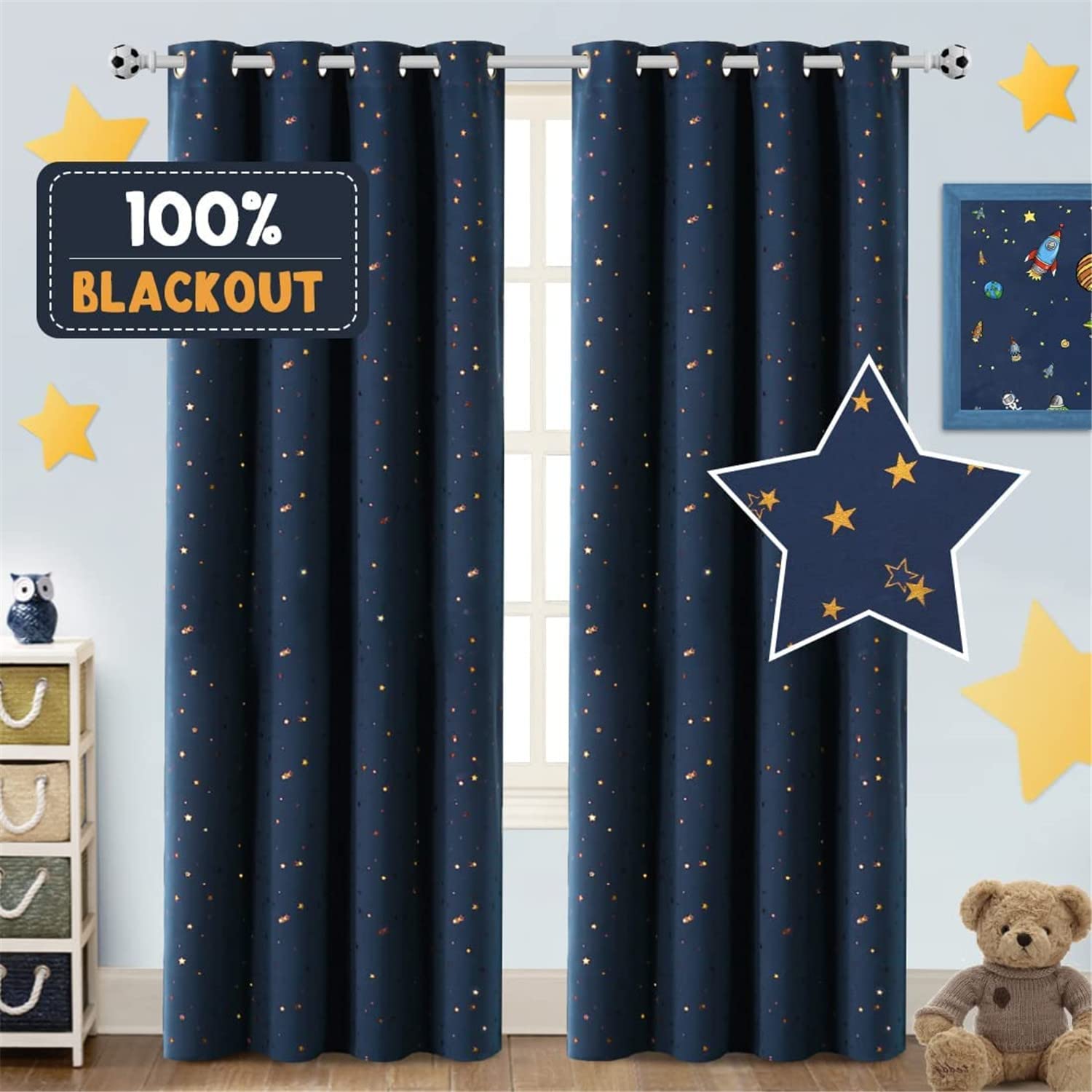 Blackout Star Curtains for Kids Room Boys Girls Twinkle Silver Stars Thermal Insulated Cute Thick Grommet Curtain for Nursery Home Decoration Window Drapes 2 Panels Set (Navy/Bronze,2 x 52"Wx96"L)