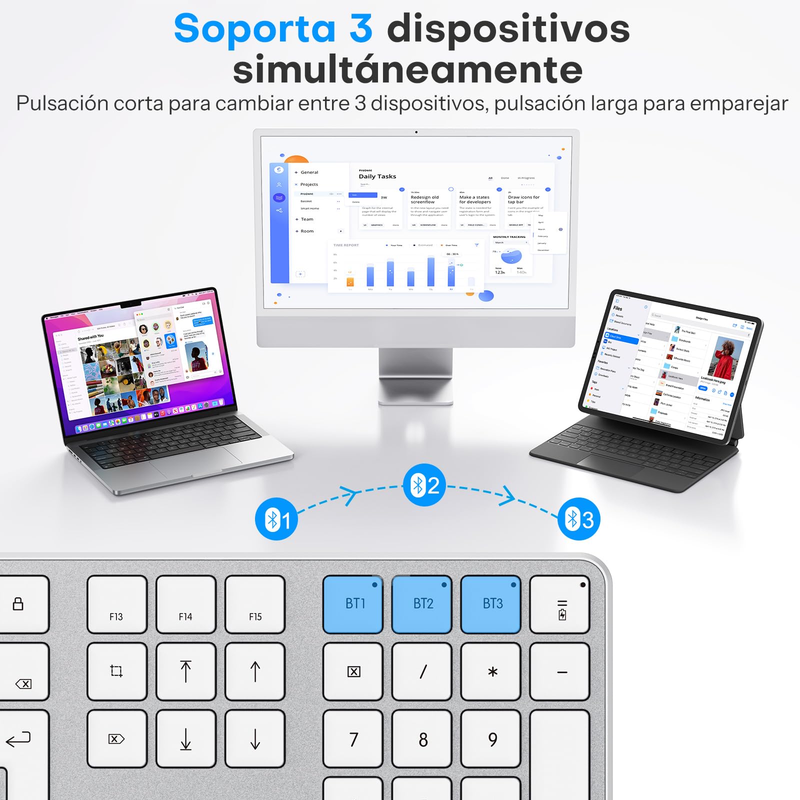 OMOTON inalámbrico Bluetooth Teclado y ratón para Mac (MacBook Air/MacBook Pro/iMac/iMac Pro),Teclado y ratón USB Recargables para Mac OS, con 3 Canales Bluetooth, Escritura silenciosa, Plateado