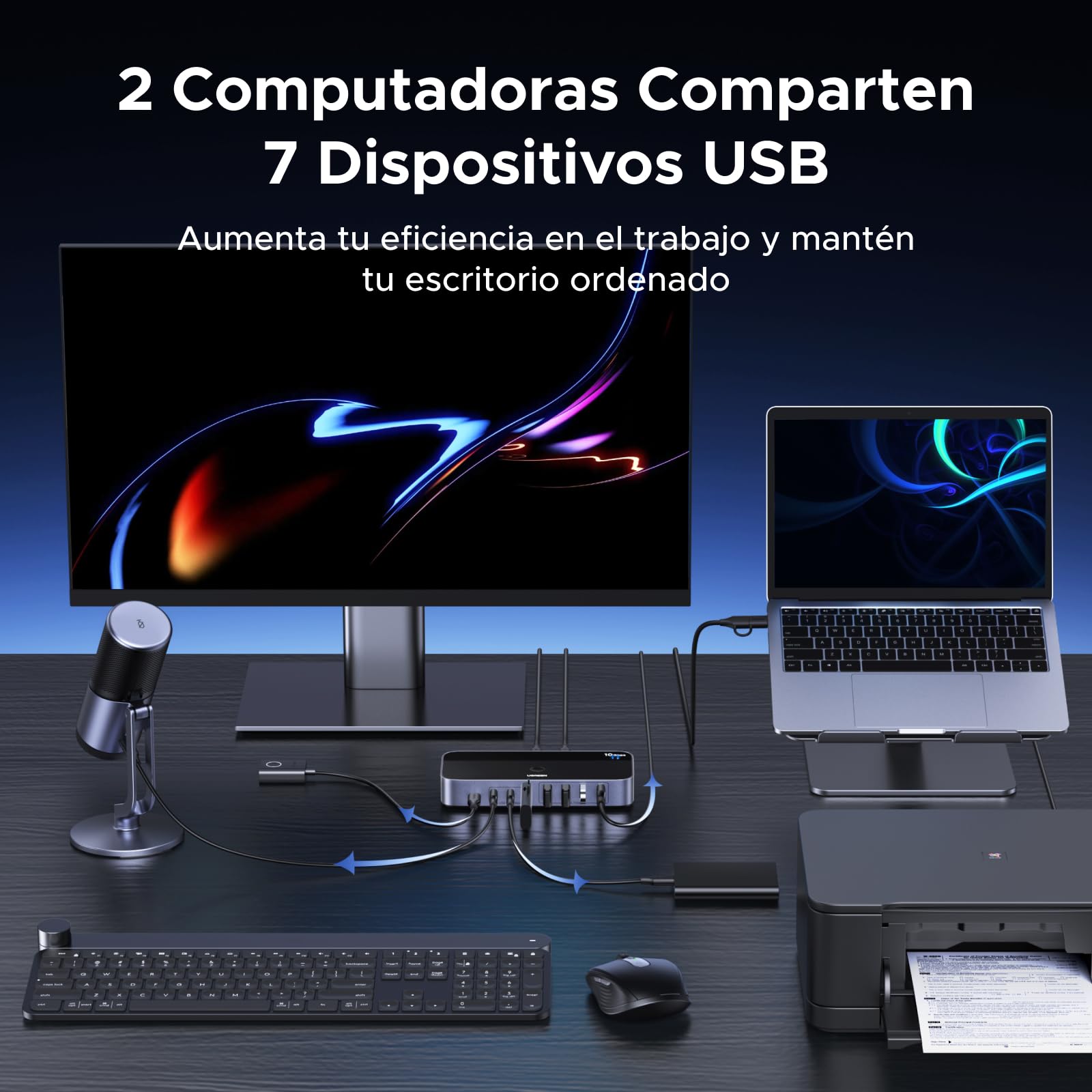 UGREEN Switch USB C 3.2 10 Gbps Conmutador KVM 2 Entradas de PC Comparten 7 Dispositivos USB (4A3C) para Teclado Ratón Disco Duro Impresora Escáner y Micrófono con Adaptador de Corriente DC 12 V