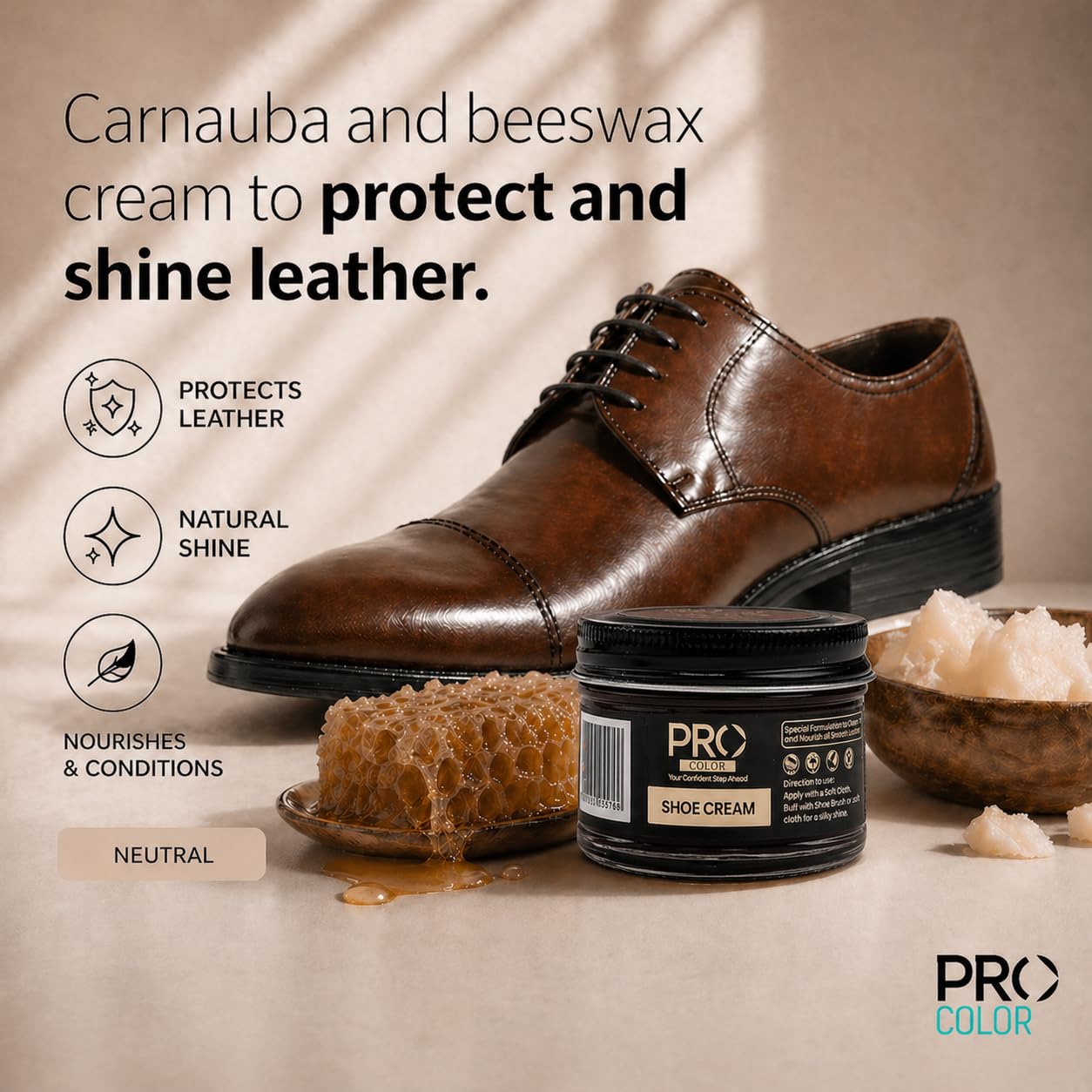 PRO Shoe Cream Polish (Neutral) | Natural Waxes Formula for Leather Shoes | Enriched with Carnauba & Bees Wax | Long-Lasting Shine | Leather Shoe Cream Polish | (45ML) 3