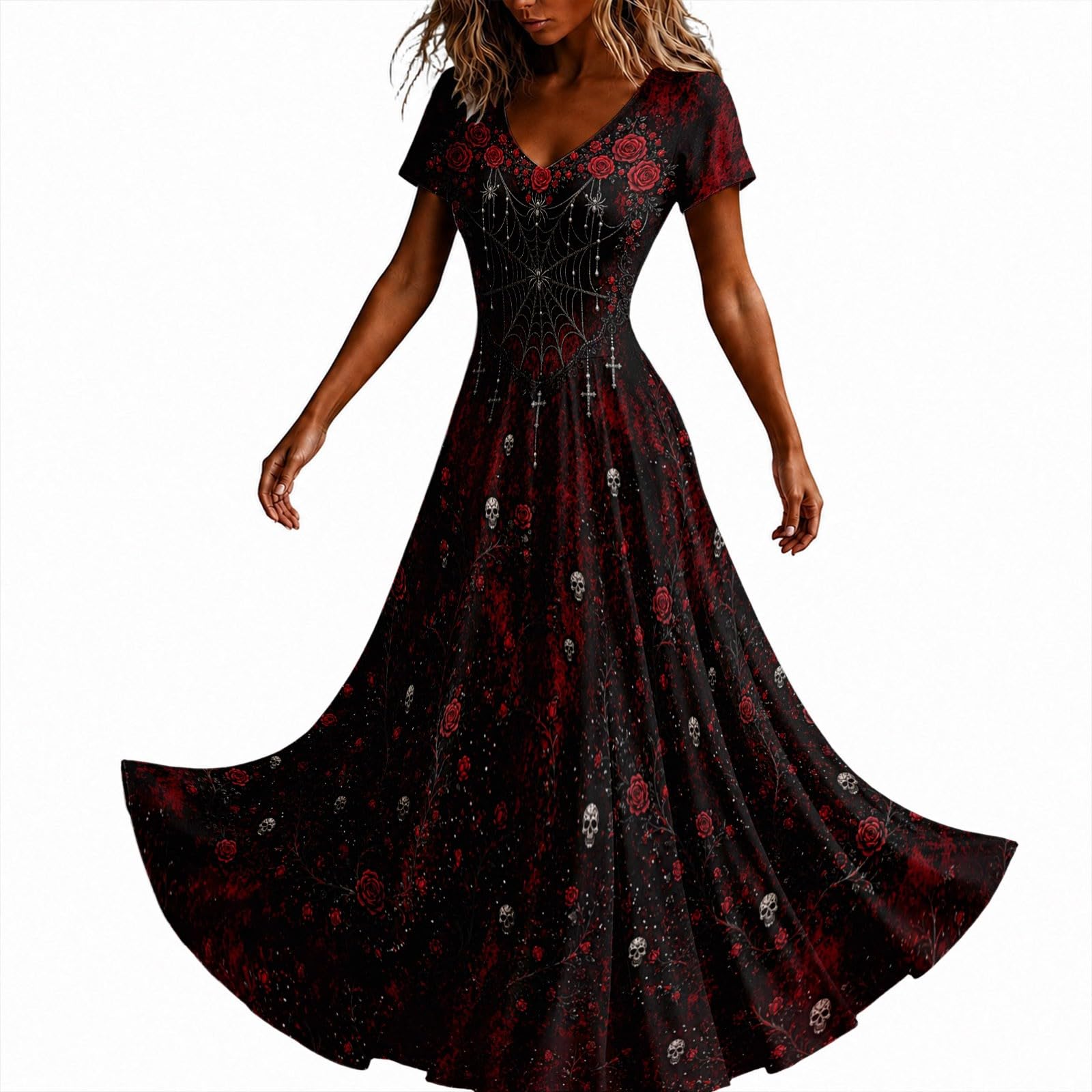 Halloween Dresses for Women UK Ladies Gothic Dress Skeleton Print Costume Short Sleeve V Neck Plus Size Costumes Scary Funny Skeleton Printed Halloween Elegan Flowy Maxi Dress Cosplay Party