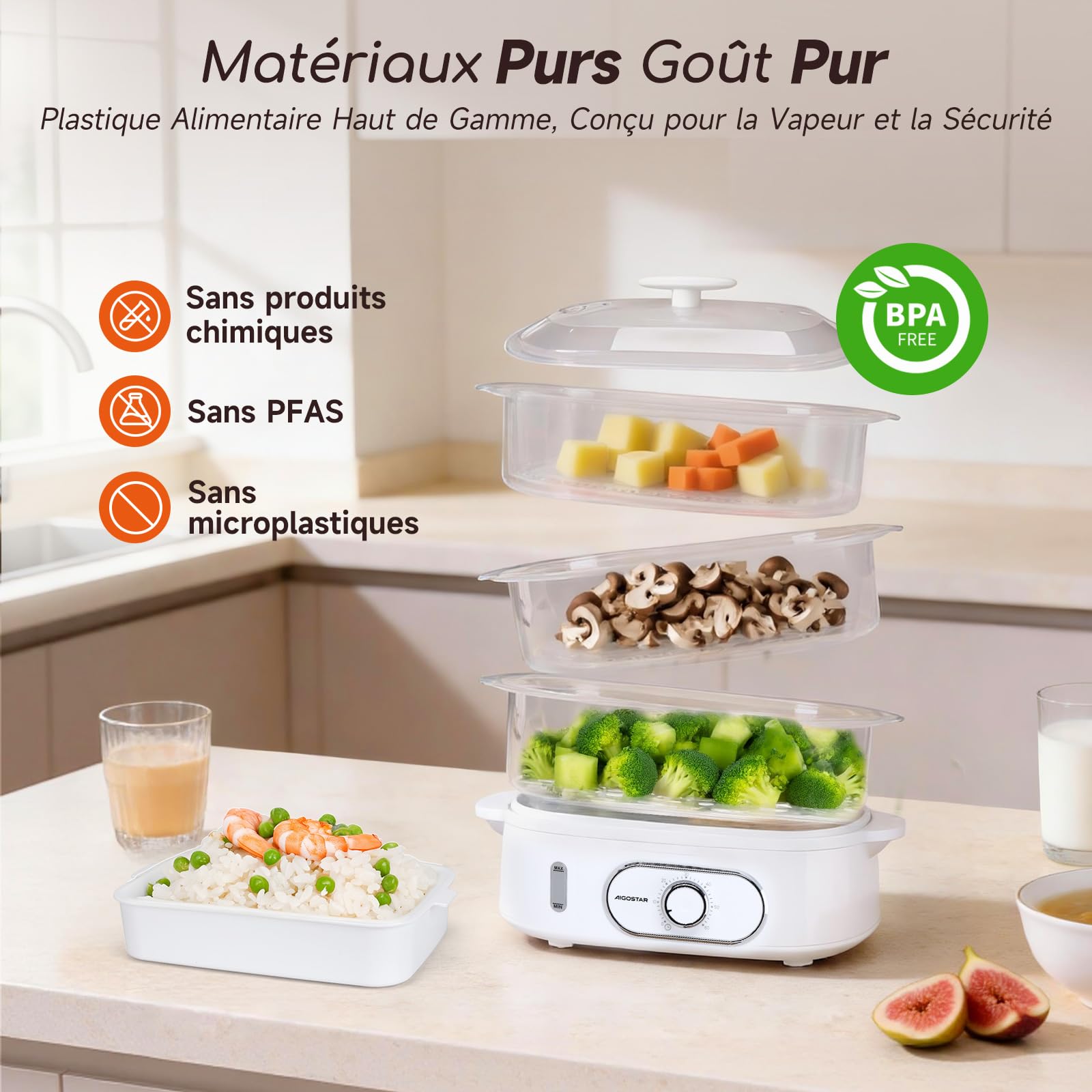 Aigostar Cuiseur Vapeur Electrique 12L 900W 3 Récipients Empilables Minuterie 60 Minutes Sans BPA