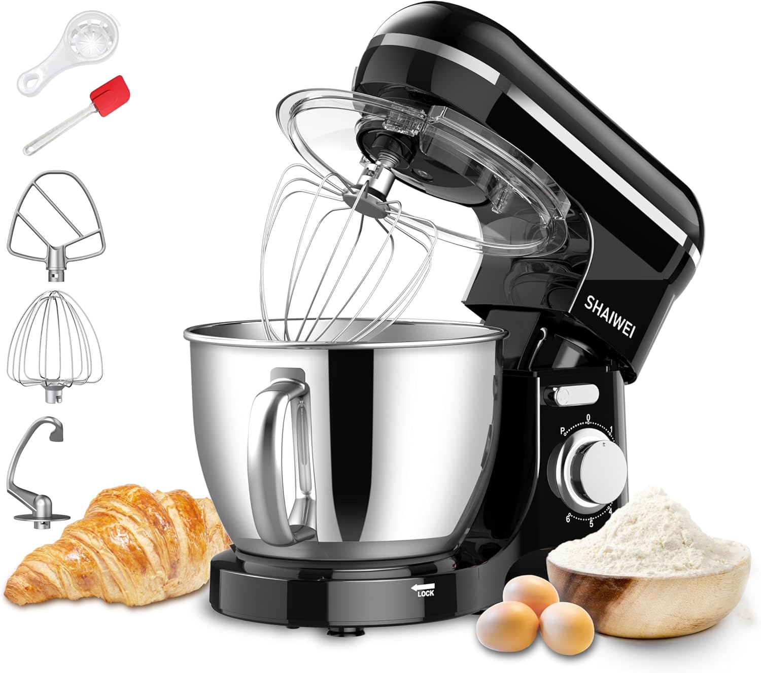 6 Speed 6.5QT Mixers Kitchen Electric Stand Mixer with Stainless Steel Bowl, Dough Hook, Wire Whip, Beater for Baking Cakes Bread Home Use Black