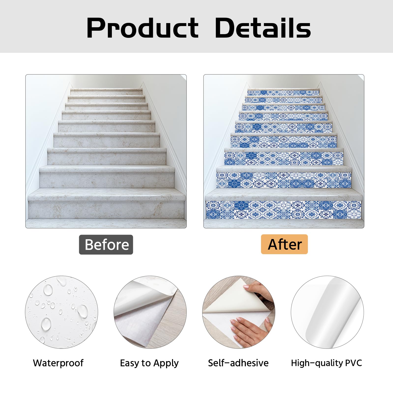 PLIGREAT 15 paquetes de pegatinas para escaleras azules y blancas con patrón de azulejos autoadhesivos para escalera creativa para bricolaje renovación de escaleras en casa o hotel 18 x 100 cm