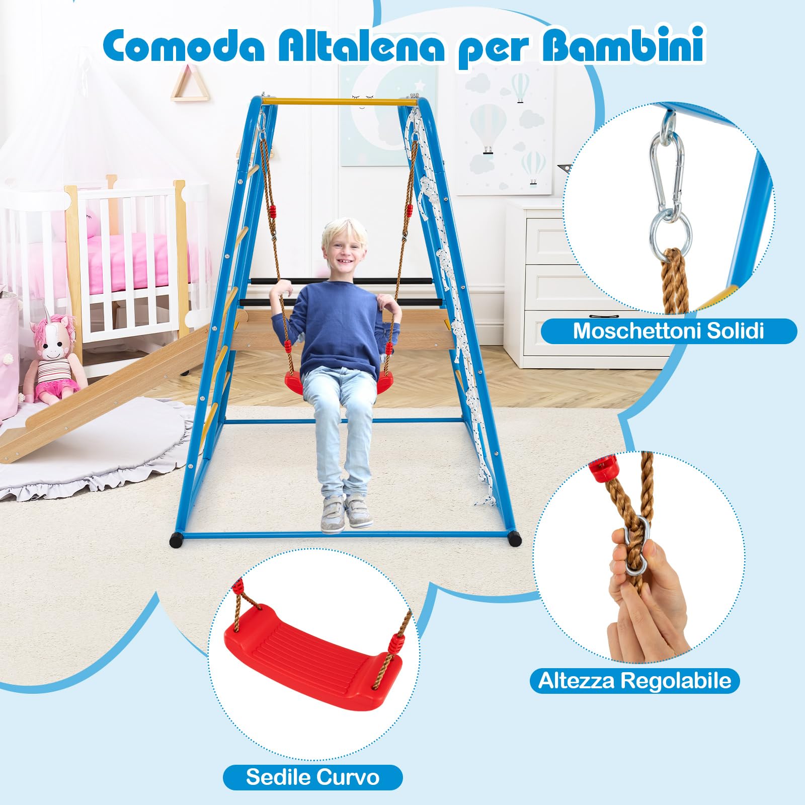COSTWAY 6 in 1 Set da Arrampicata per Bambini con Scivolo e Altalena