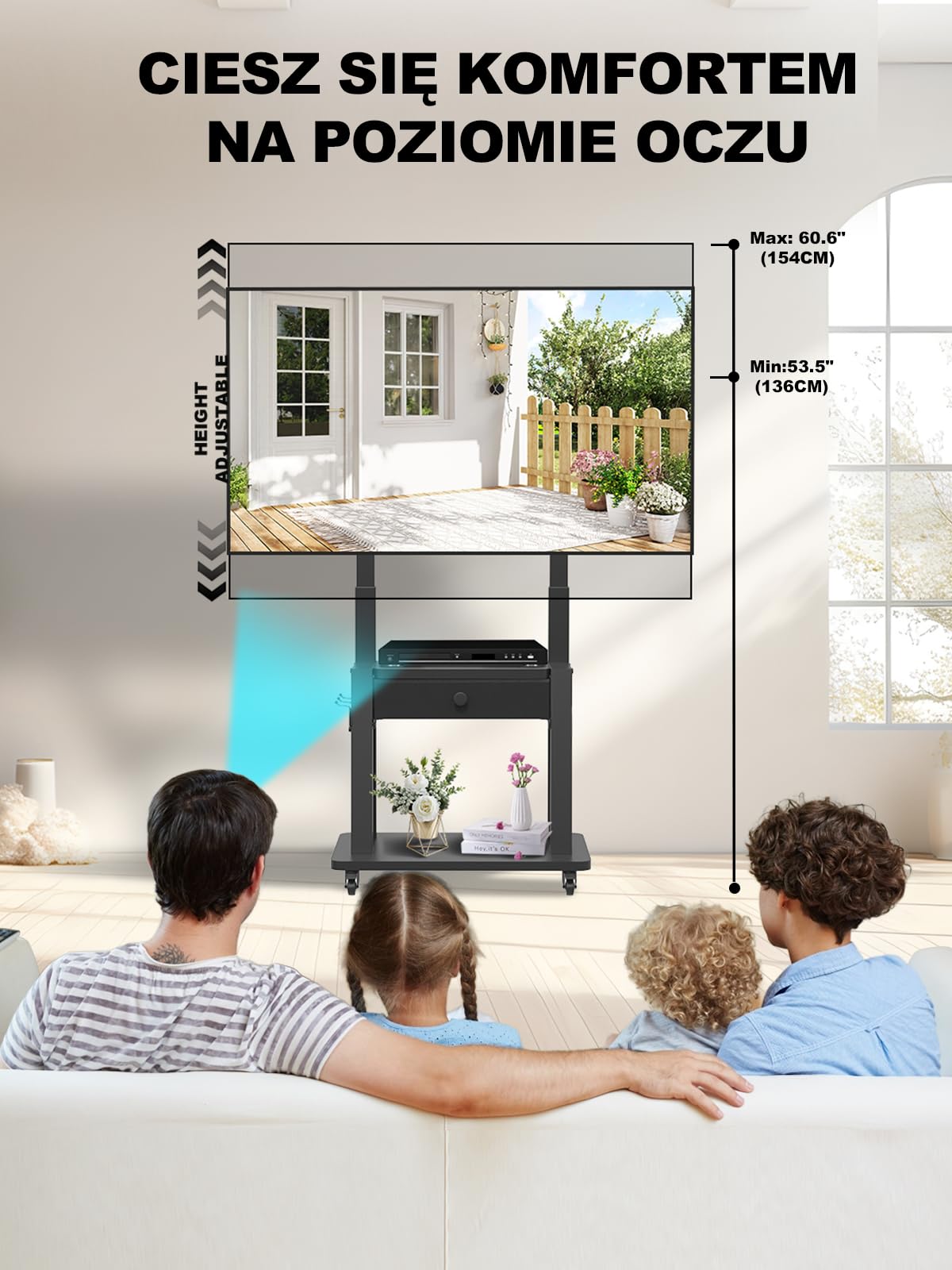 Stojak na telewizor z szufladą z tkaniny, na płaski/zakrzywiony ekran 32"-75" do 100kg LCD/LED/OLED, regulowana wysokość, mobilny wózek na TV z kółkami, do domu, biura, na zewnątrz, maks. czarny