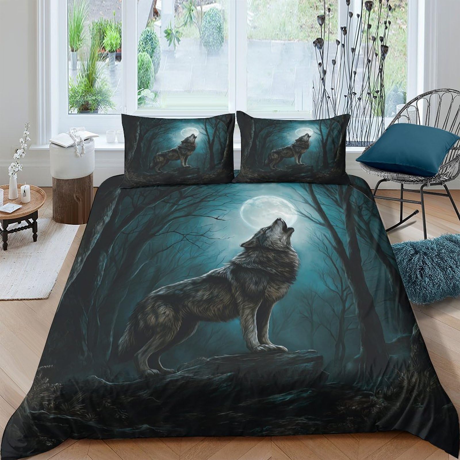 Ctjqhvkz Style-5 3D Printed Wolf Moonlight Fitted Sheet Microfiber Soft Dark Forest Mattress Cover For Bedroom Guest Room Decor Single（135X200cm）