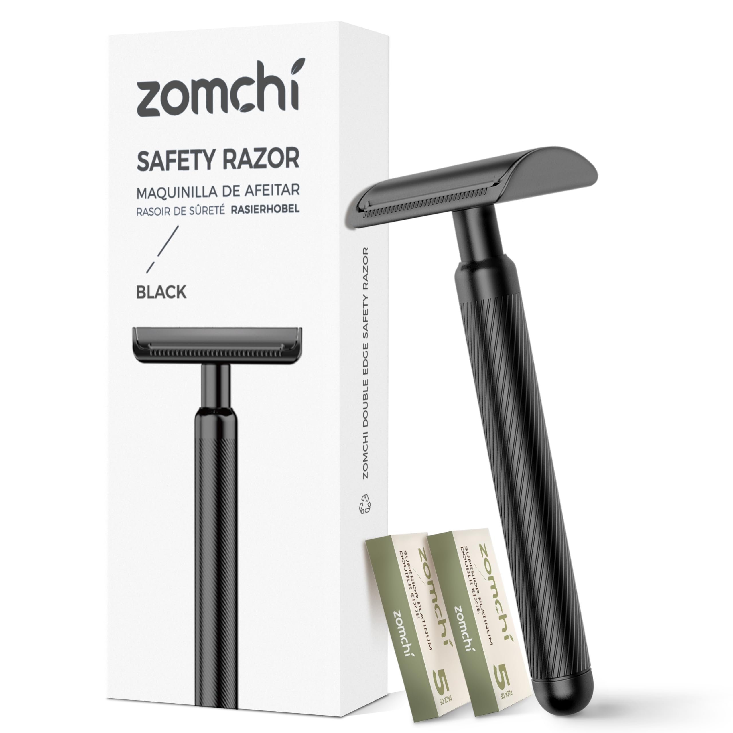 ZOMCHI Safety Razor for Men with 10 Safety Razor Blades, [New Version 2.0 ] Reusable Metal Razor for Men & Women, Single Blade Razor - Matte Black