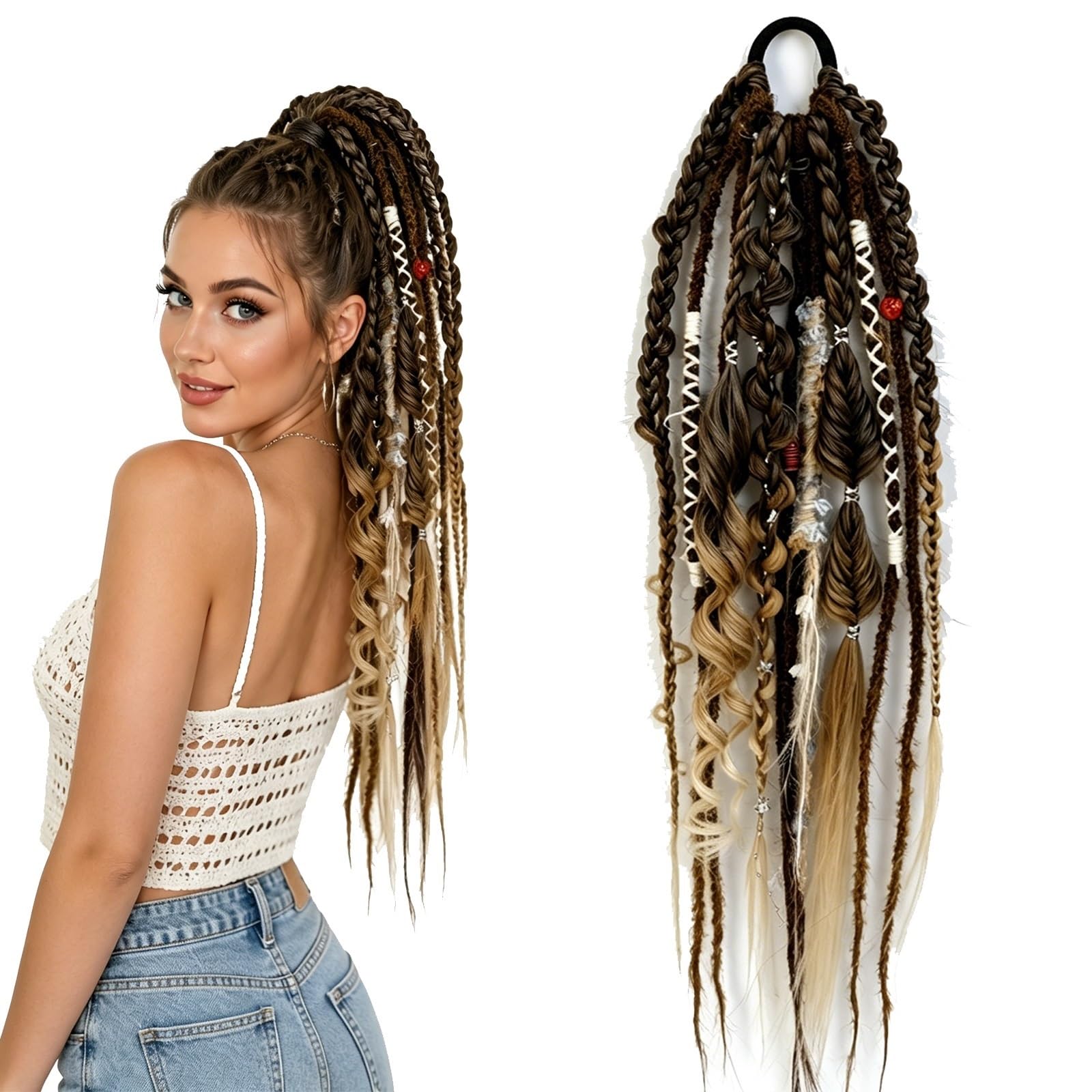 Extension de Cheveux Élastique Dreadlock Queue de Cheval Boho avec Perles, 22", Tresse Viking Effet Plage, Attache Facile en 1 Minute pour Festival & Quotidien(C)