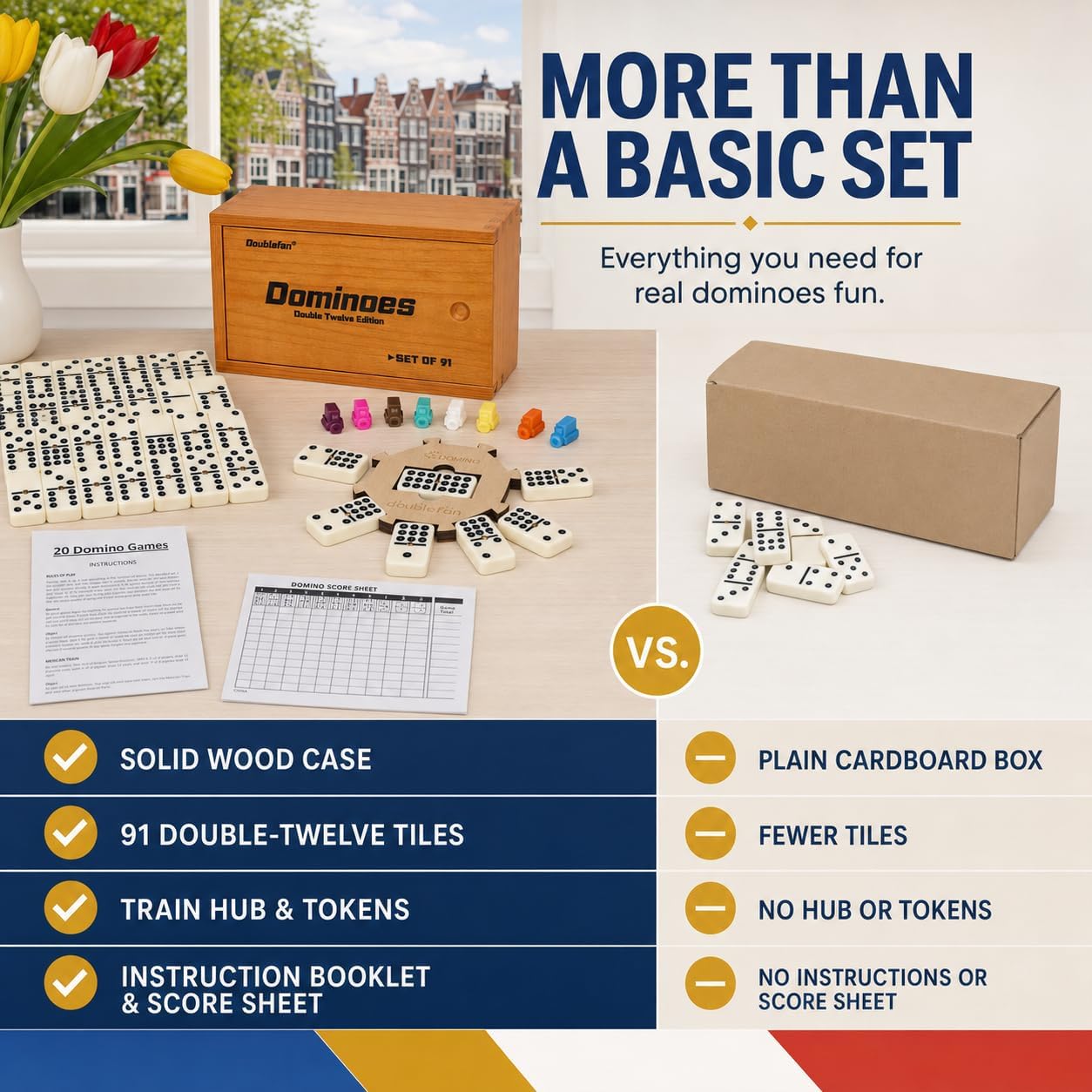 Doublefan Double 12 Dominoes for Adults, 91 Tiles with Prime Wood Case image 5