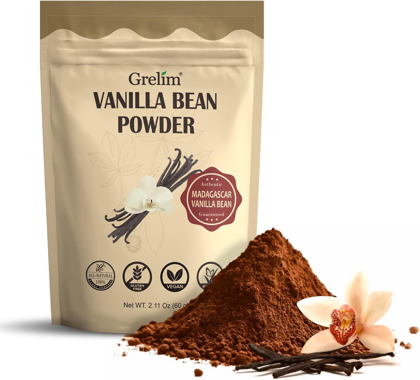 GRELIM Vanilla Bean Powder, 100% Pure Ground Madagascar Vanilla Powder Gluten-Free No Fillers or Additives Great for Baking, Coffee, Smoothies 2.11 Oz (60 g)