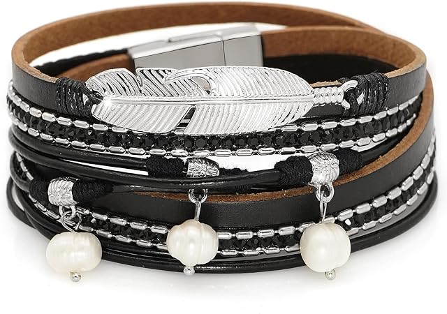 Gleamart Boho Leather Bracelet Multilayer Wrap Bangle with Magnetic Buckle