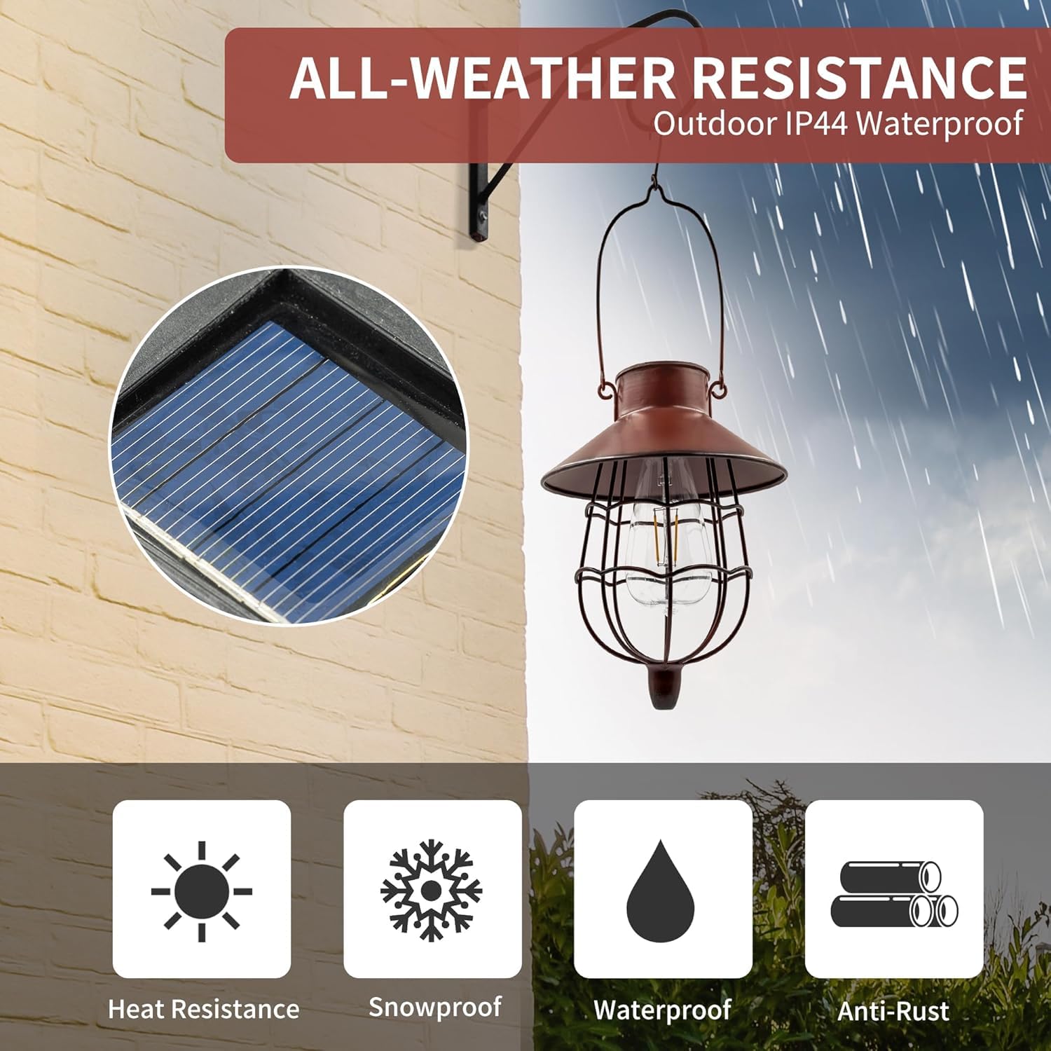 Paquete de 4 faroles solares impermeables para exteriores, lámpara colgante solar de metal con bombilla blanca cálida, diseño para decoración de jardín, patio, patio