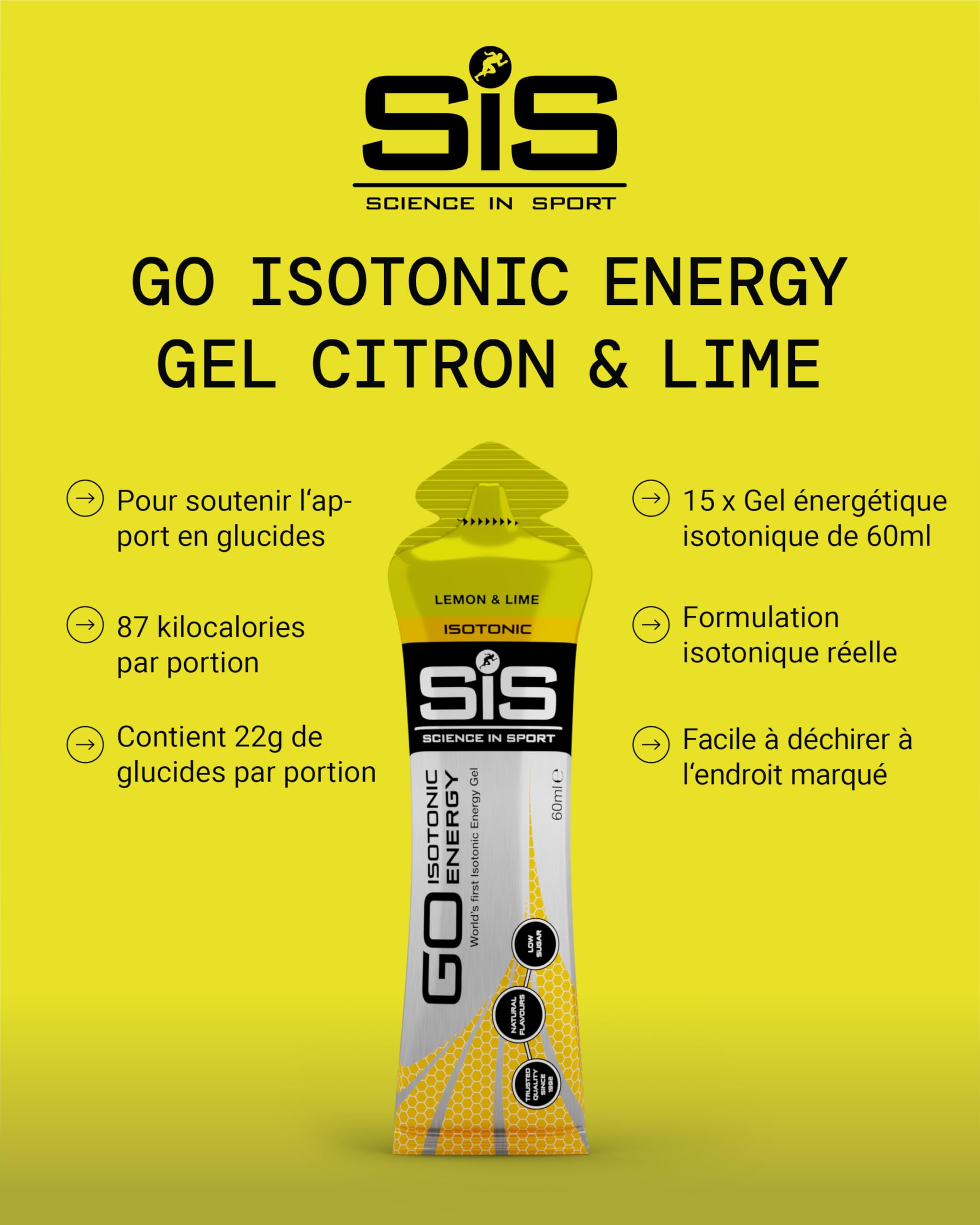 Science In Sport GO Isotonic Energy Gels, Gels de Course avec 22g de Glucides, Faible en Sucre, Saveur Citron et Citron Vert, 60ml par Portion (Lot de 15)