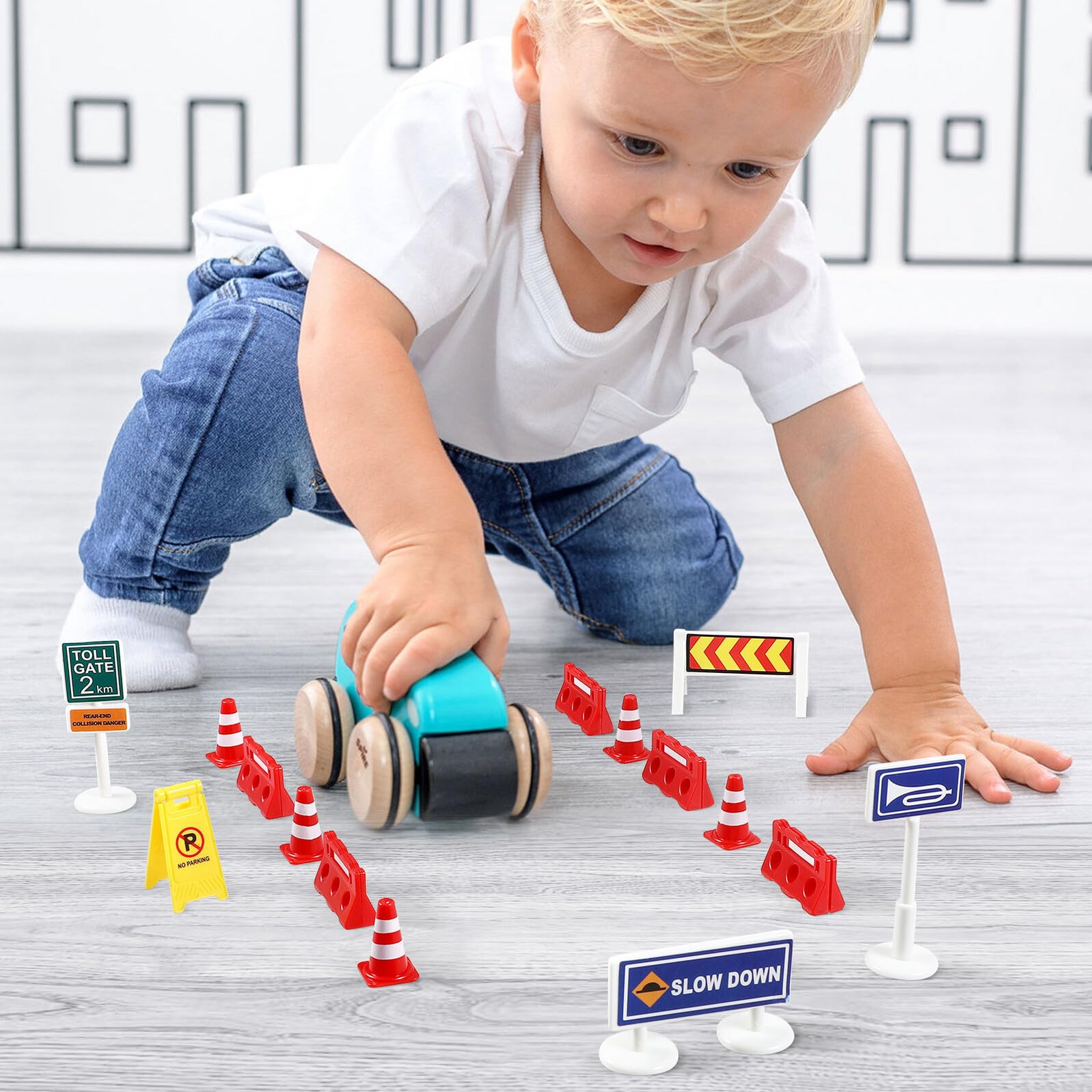 Kit Giocattoli Cartelli Stradali per Bambini Cartelli in Plastica Cono Viabilità per Apprendimento e Giochi di Ruolo