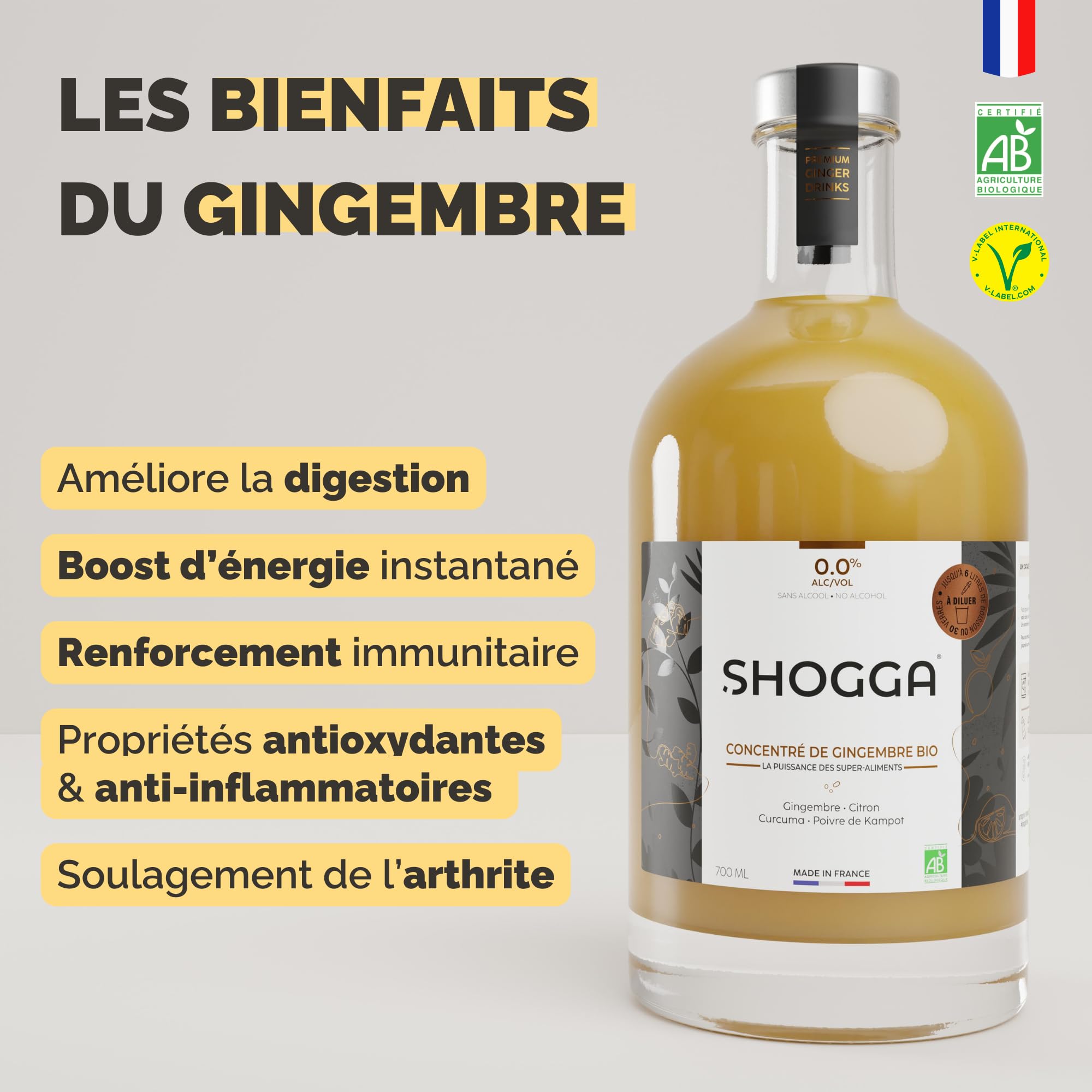 SHOGGA Concentrado de Jengibre Ecológico 200 ml Bebida Premium sin Alcohol 12 Superalimentos
