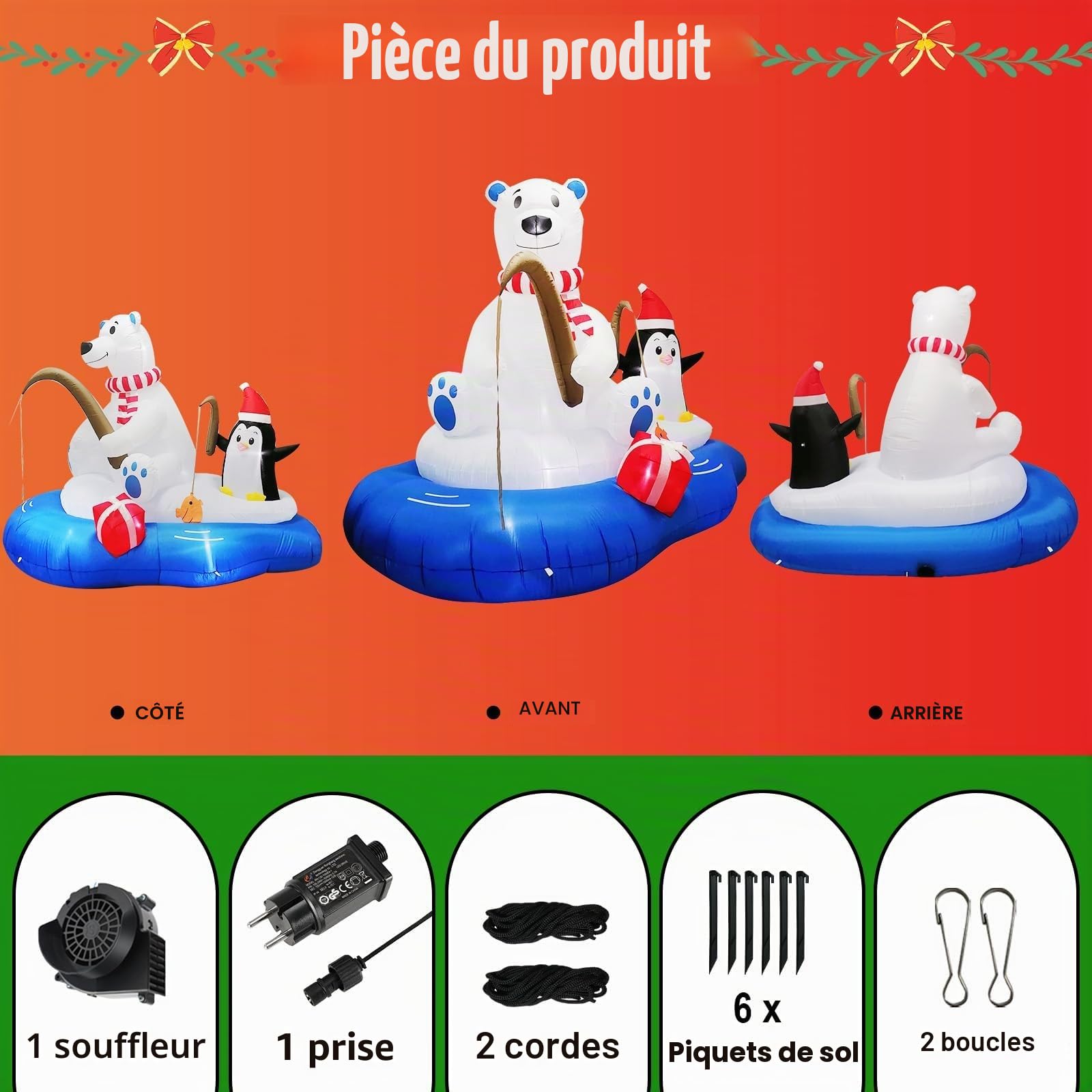 Ours de Noël Gonflable de 180 cm avec Pingouin, Ours Polaire et Pingouin avec 7 lumières LED Lumineuses intégrées pour décorations de Noël dans Le Jardin