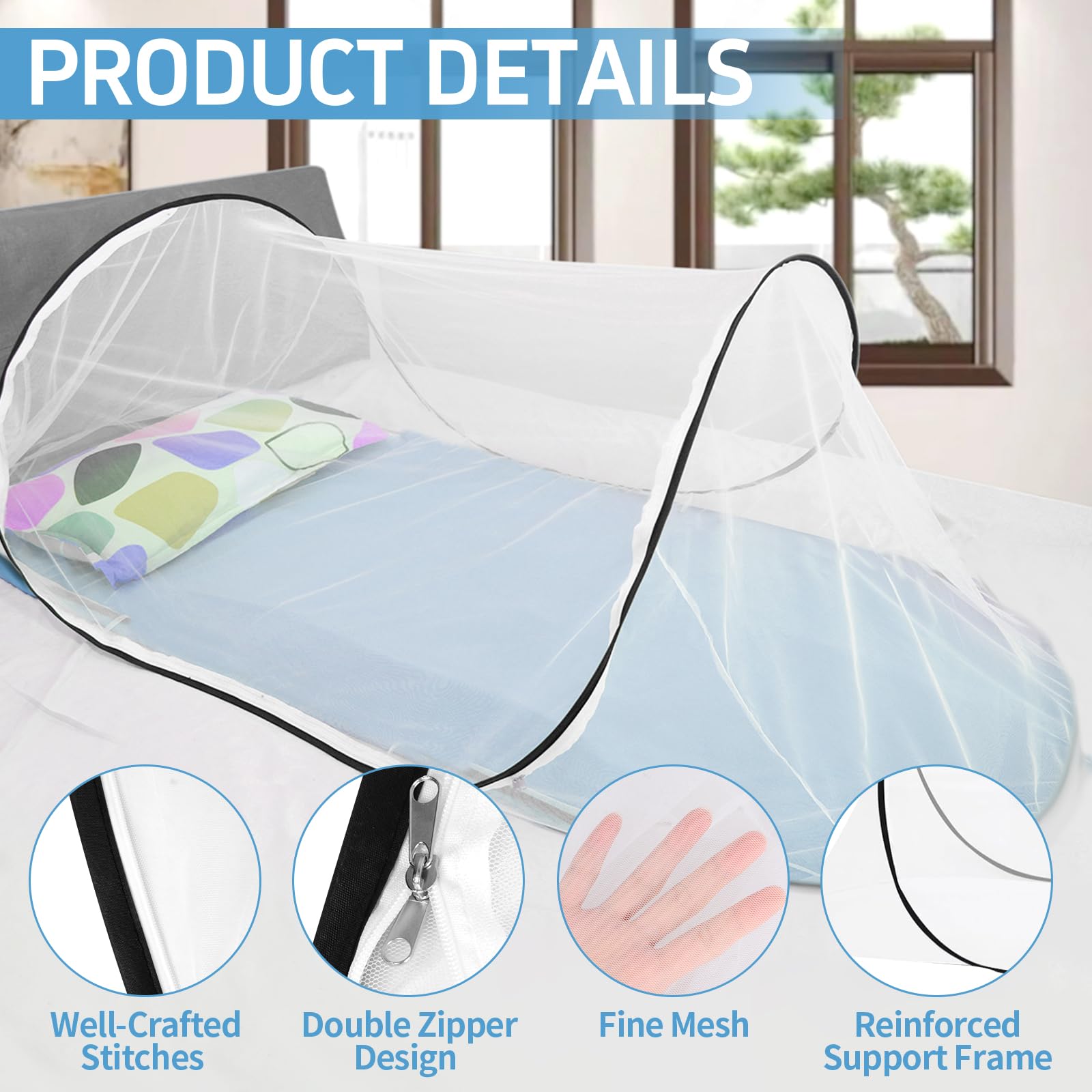 Moustiquaire Pliable, Moustiquaire Lit avec Masque Sommeil, Installation Facile et Rapide, Tente Moustique Portable pour Camping, Voyages, Aventures en Plein Air et l'Utilisation Domicile