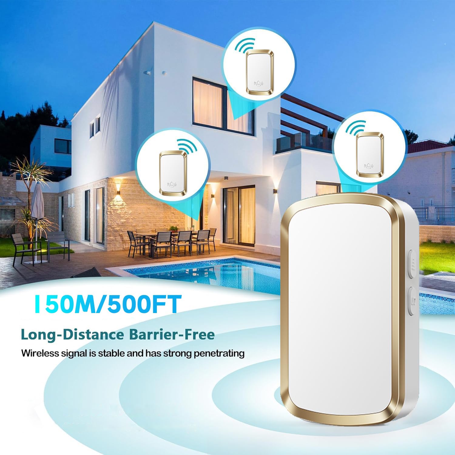 [Sin Batería Timbre inalámbrico para Puerta Plug-in sin Hilos a un Rango de 150m,Indicadores LED,Resistente al Agua,5 de Volumen,Timbre de Casa Portátil,3 Receptor y 2 Transmisor,White Silver