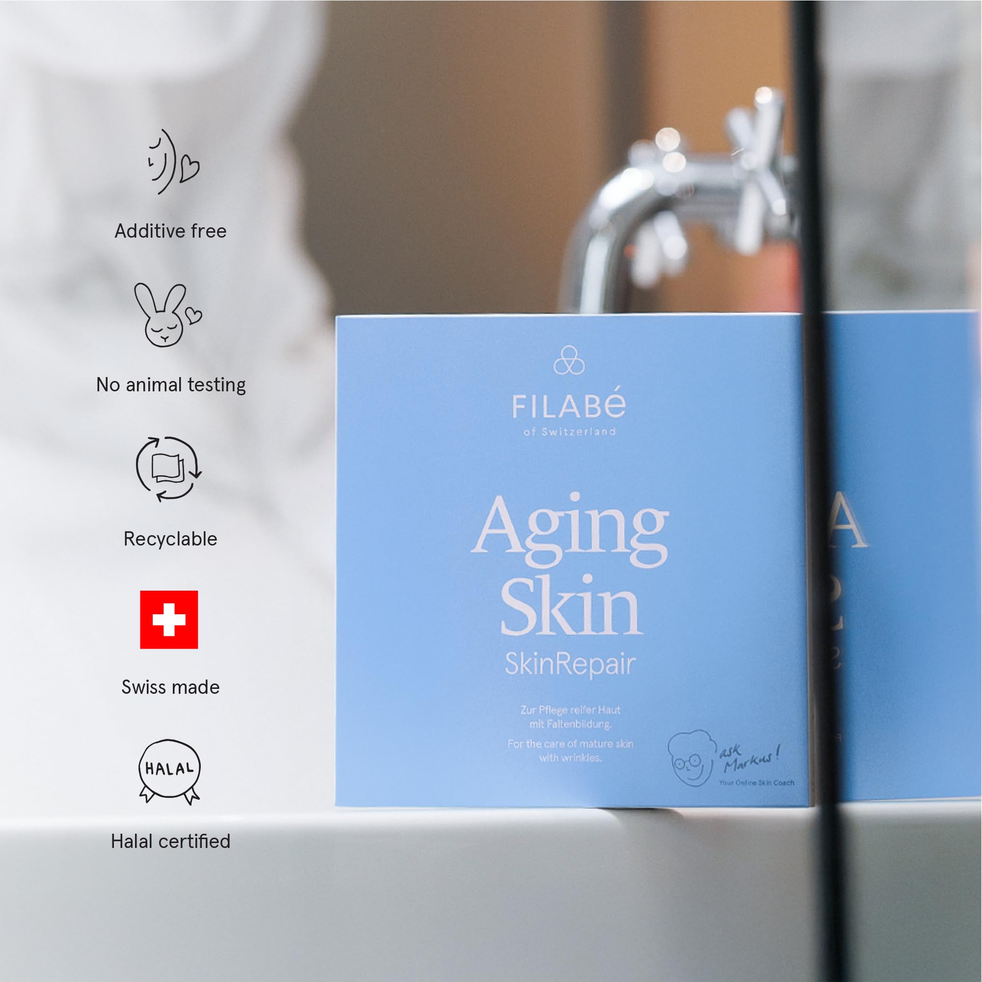 Aging Skin – Zur Reduktion von Falten. Verlangsamt die Hautalterung. Packung für 28 Tage. Vegan und ohne Zusatzstoffe – Swiss made by Filabé of Switzerland
