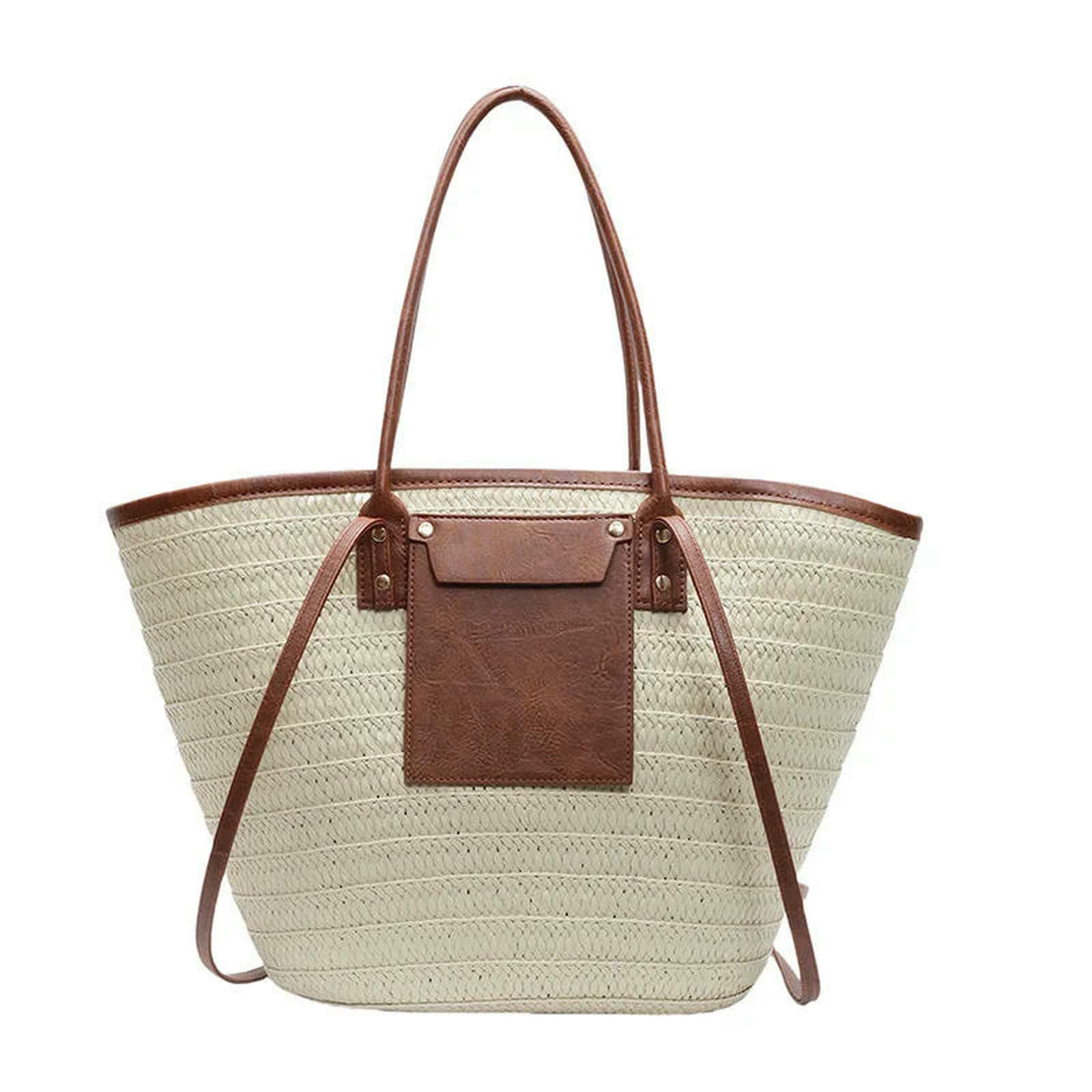 Strohtaschen Damen Shopper Frauen Stroh Gewebter Tasche Schulterbetrieb Großer Kapazität Stylish Crossbody Bag Webwebchen Satchel Patchwork Urlaub Tasche-Khaki